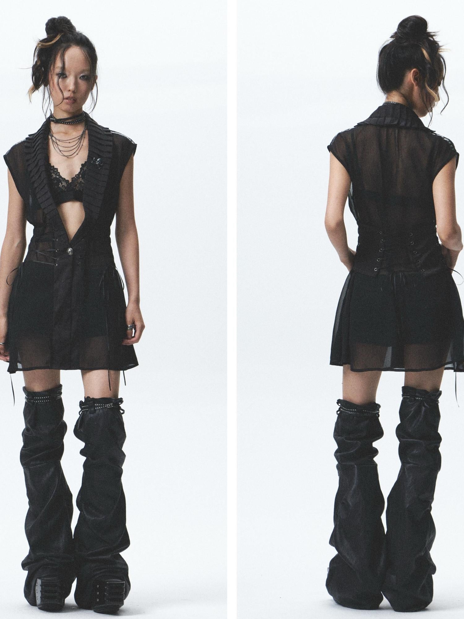 NONAME SPACE Distressed Asymmetrical Shorts With Detachable Leg Warmers And Belt