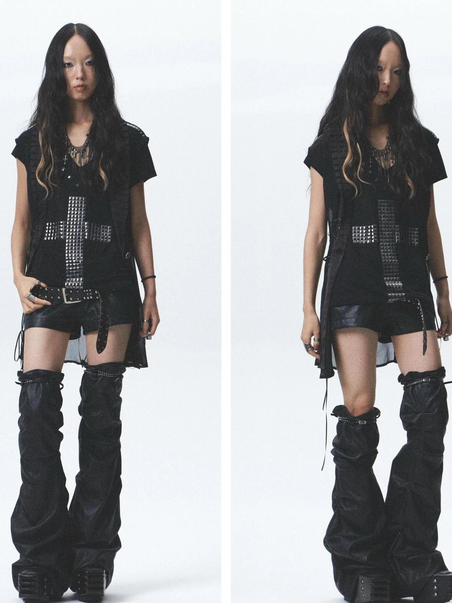 Distressed Asymmetrical Shorts With Detachable Leg Warmers And Belt