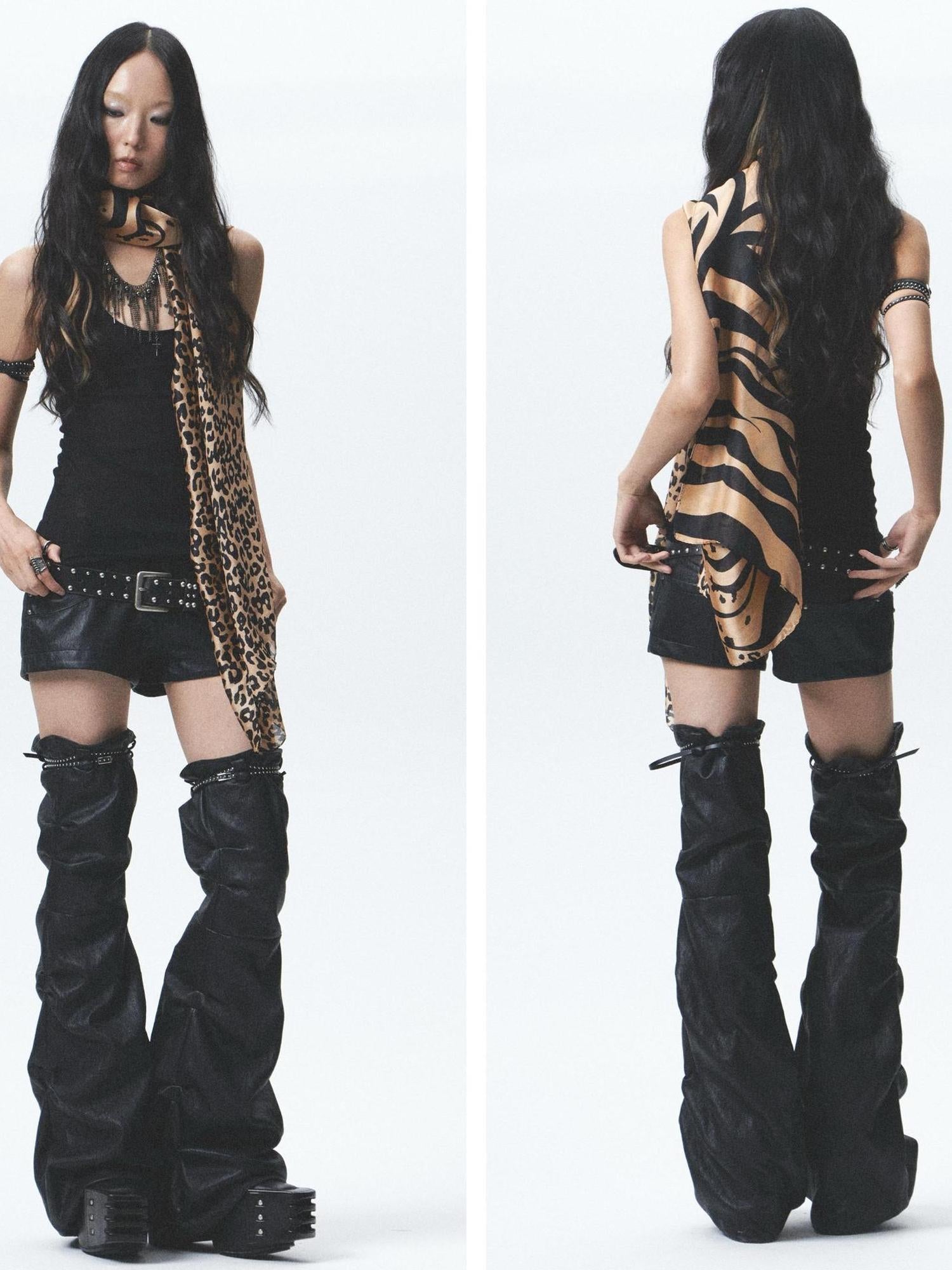 NONAME SPACE Distressed Asymmetrical Shorts With Detachable Leg Warmers And Belt