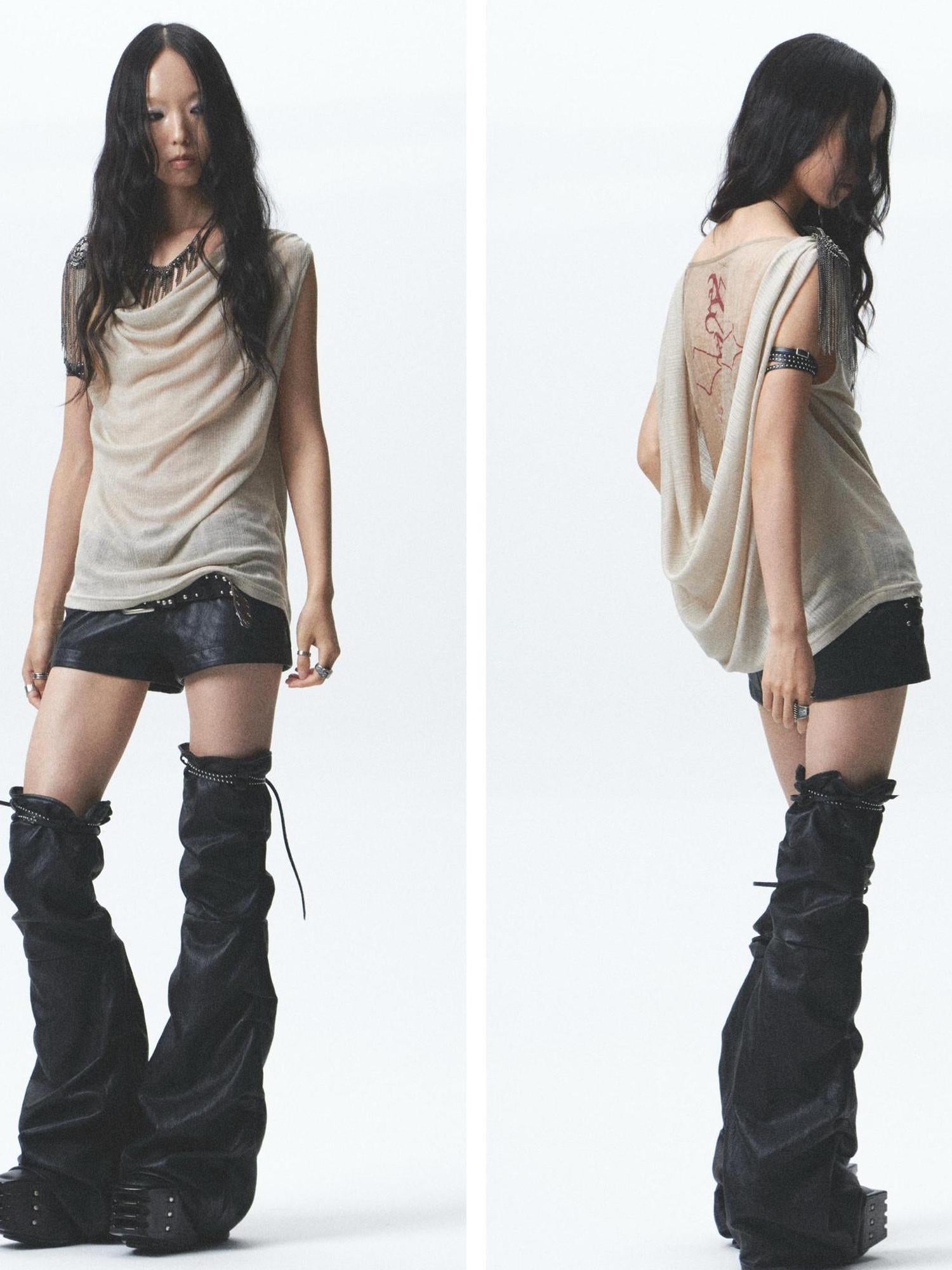 NONAME SPACE Distressed Asymmetrical Shorts With Detachable Leg Warmers And Belt
