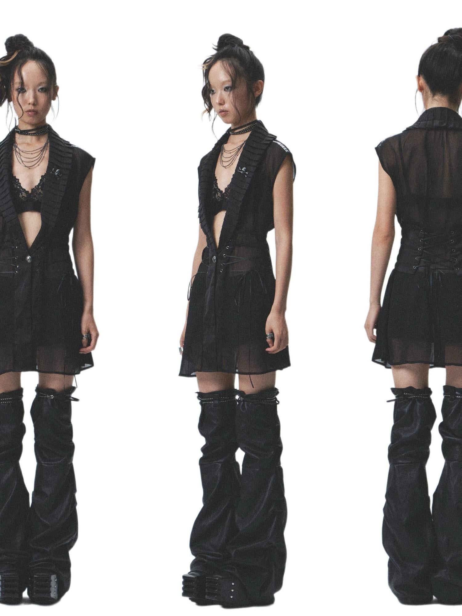 NONAME SPACE Distressed Asymmetrical Shorts With Detachable Leg Warmers And Belt