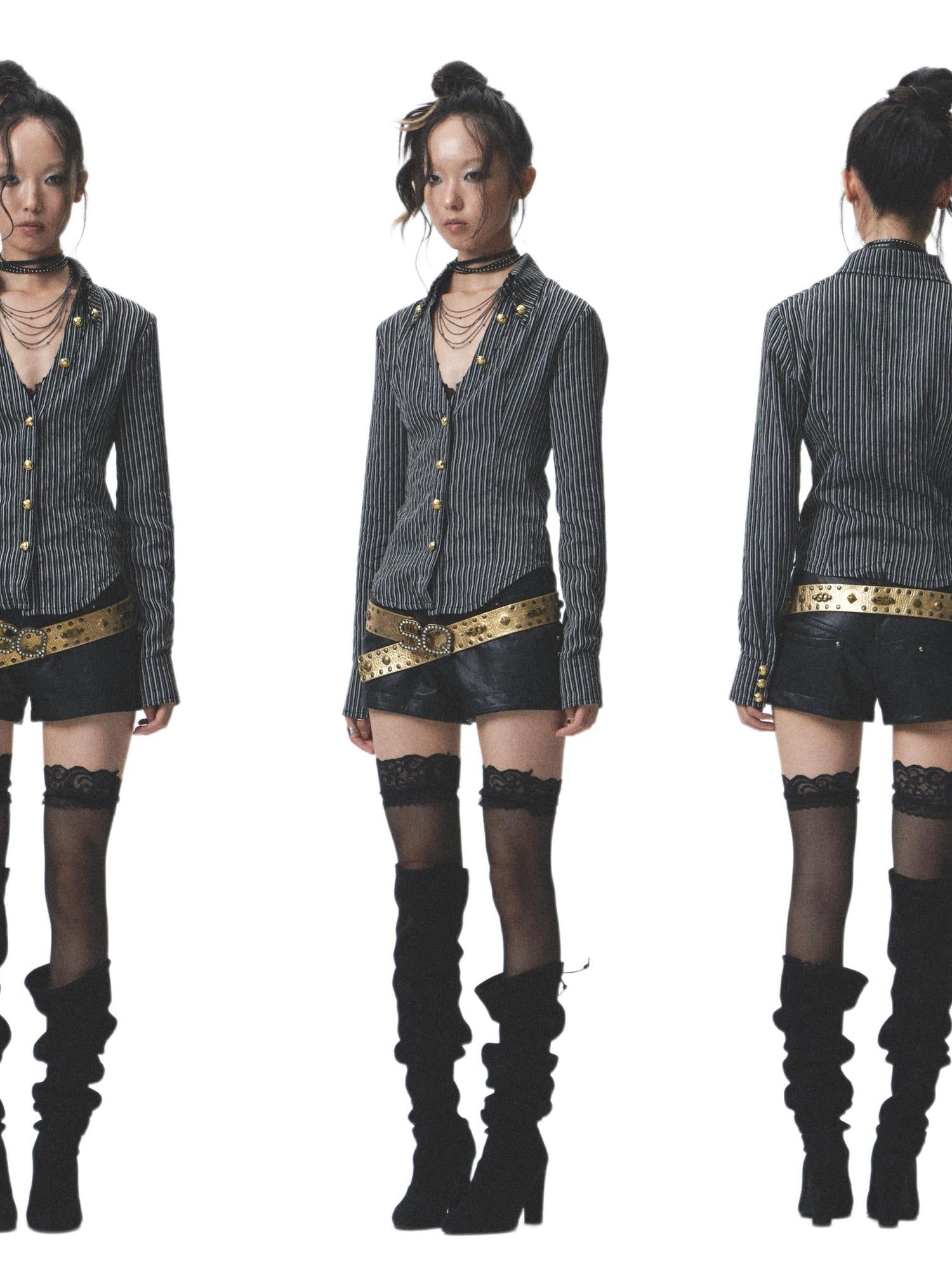 NONAME SPACE Distressed Asymmetrical Shorts With Detachable Leg Warmers And Belt
