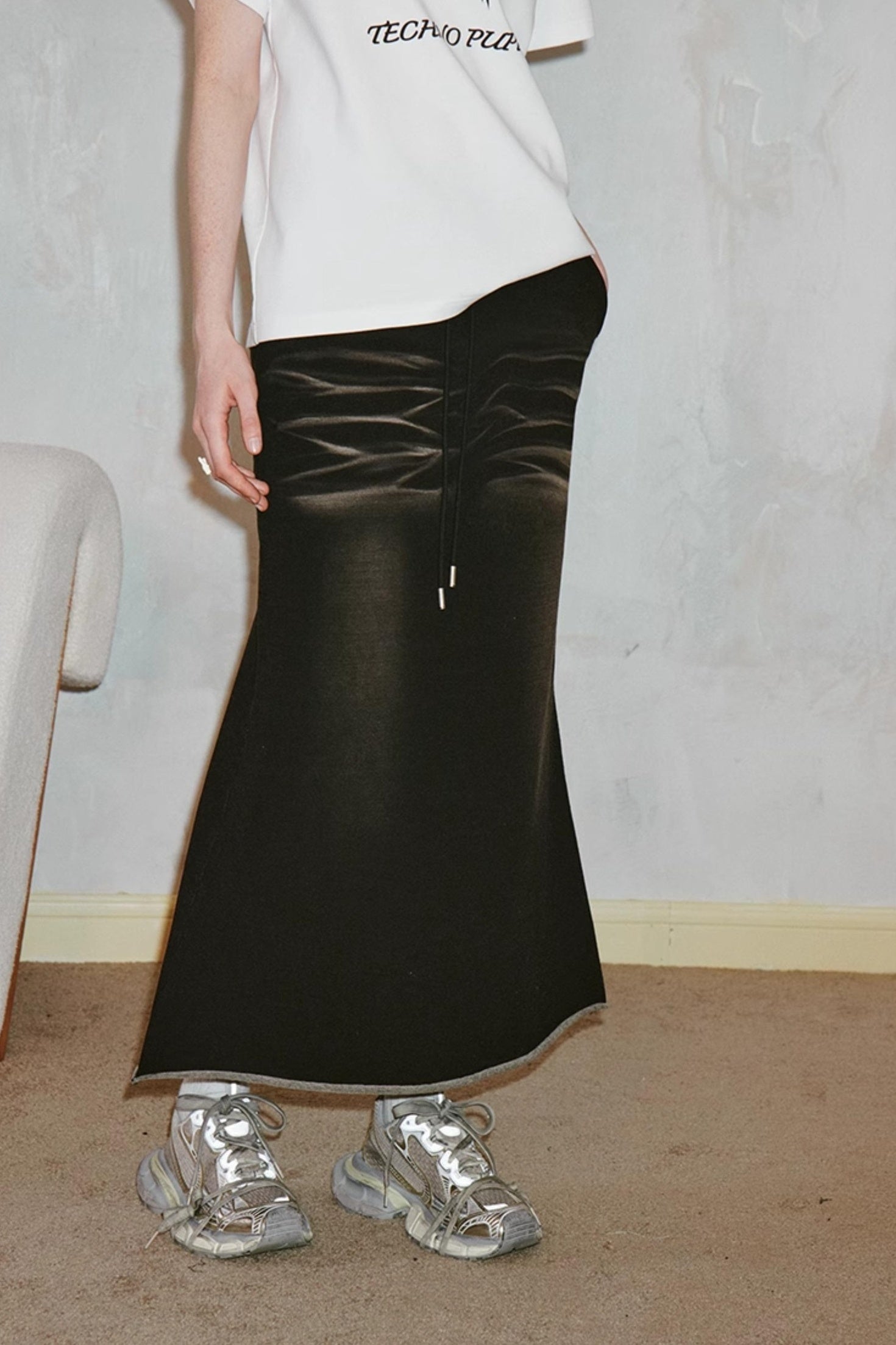 DIDDI MODA Distressed Knit Fishtail Skirt Post Apocalyptic Washed Denim