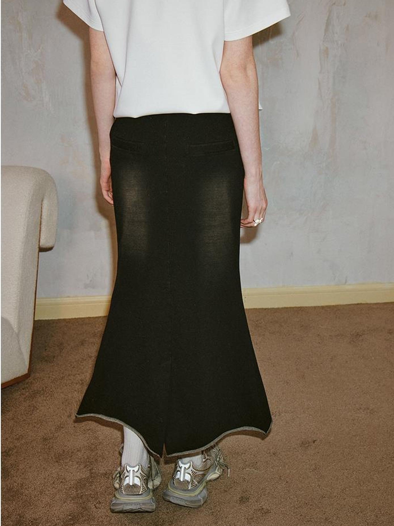 DIDDI MODA Distressed Knit Fishtail Skirt Post Apocalyptic Washed Denim