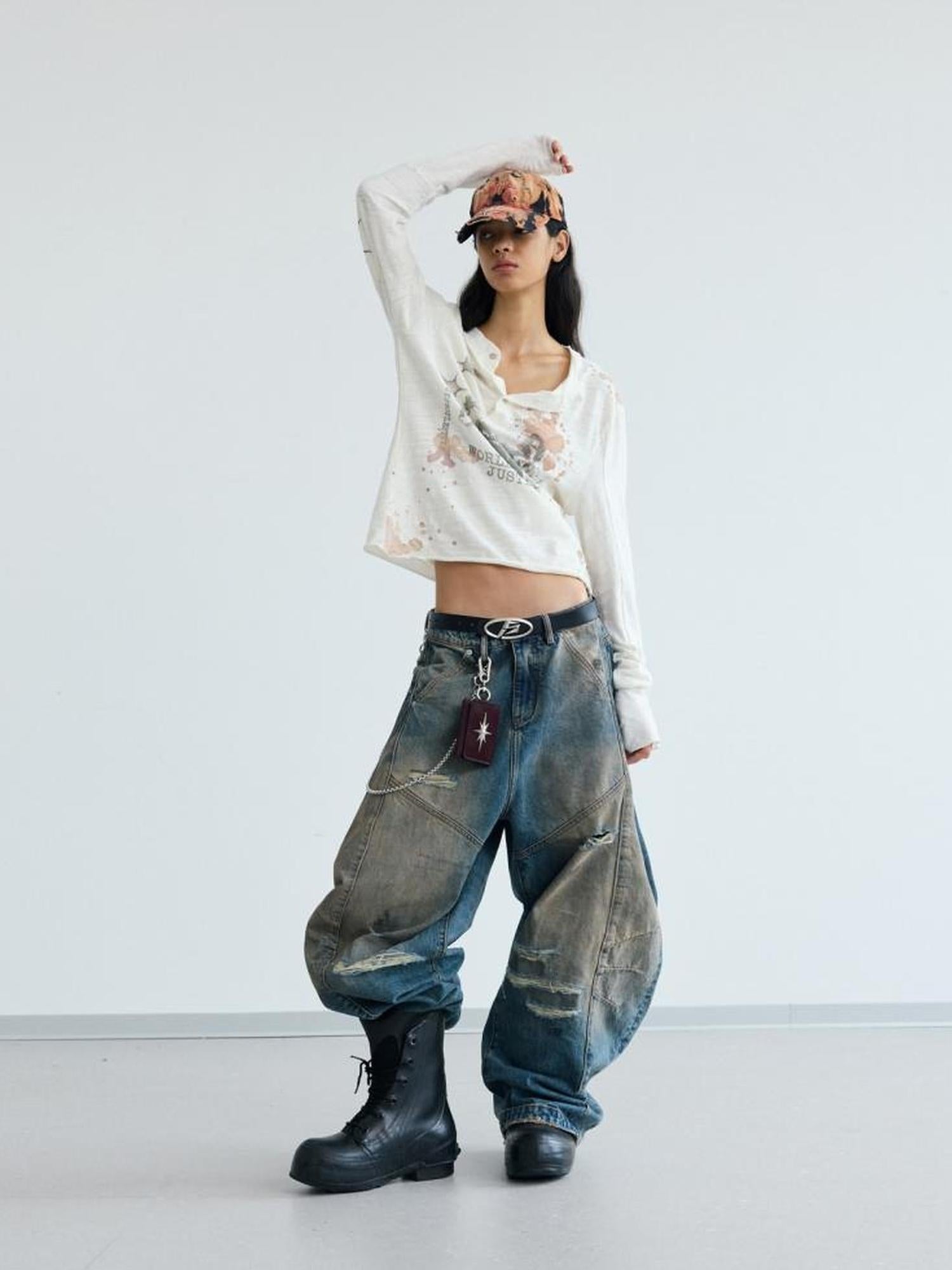 Peoplesense Distressed Yellow Mud Dyed Washed Ripped Unisex Baggy Scimitar Jeans