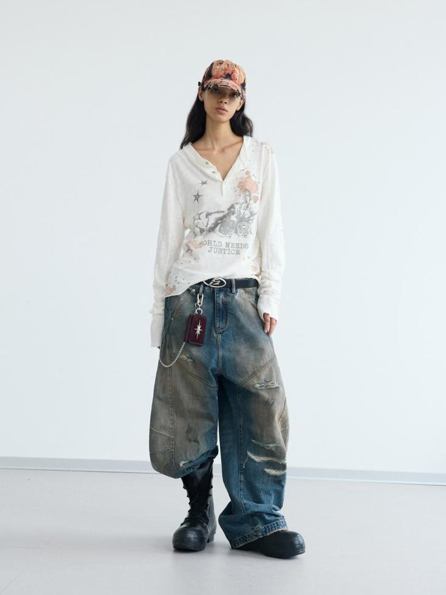 Peoplesense Distressed Yellow Mud Dyed Washed Ripped Unisex Baggy Scimitar Jeans