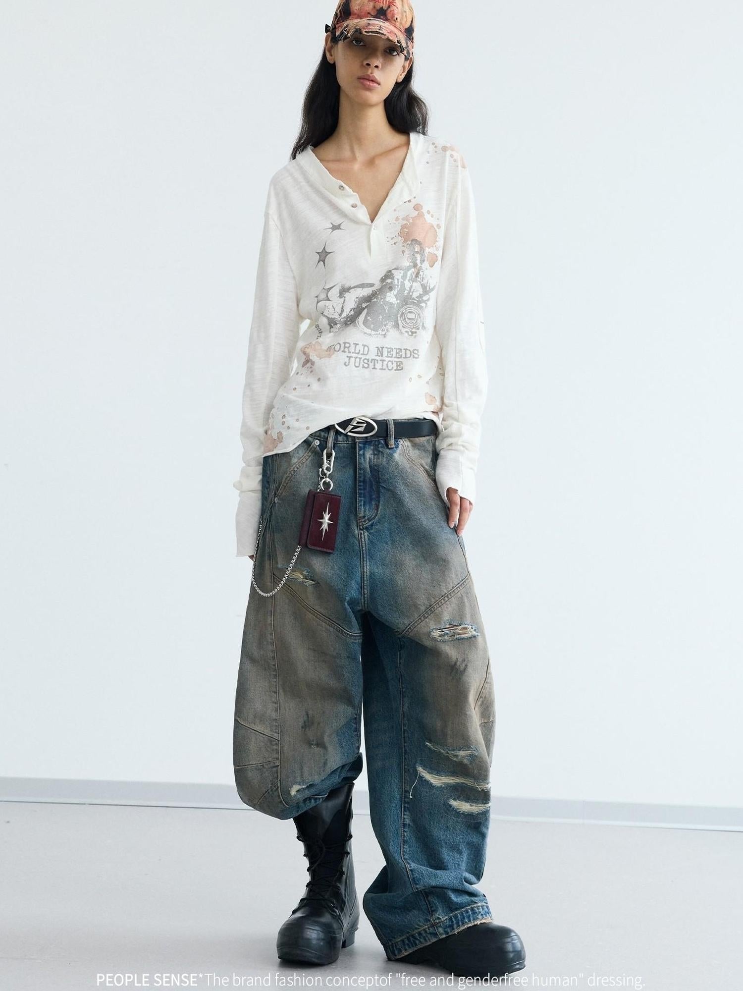 Peoplesense Distressed Yellow Mud Dyed Washed Ripped Unisex Baggy Scimitar Jeans