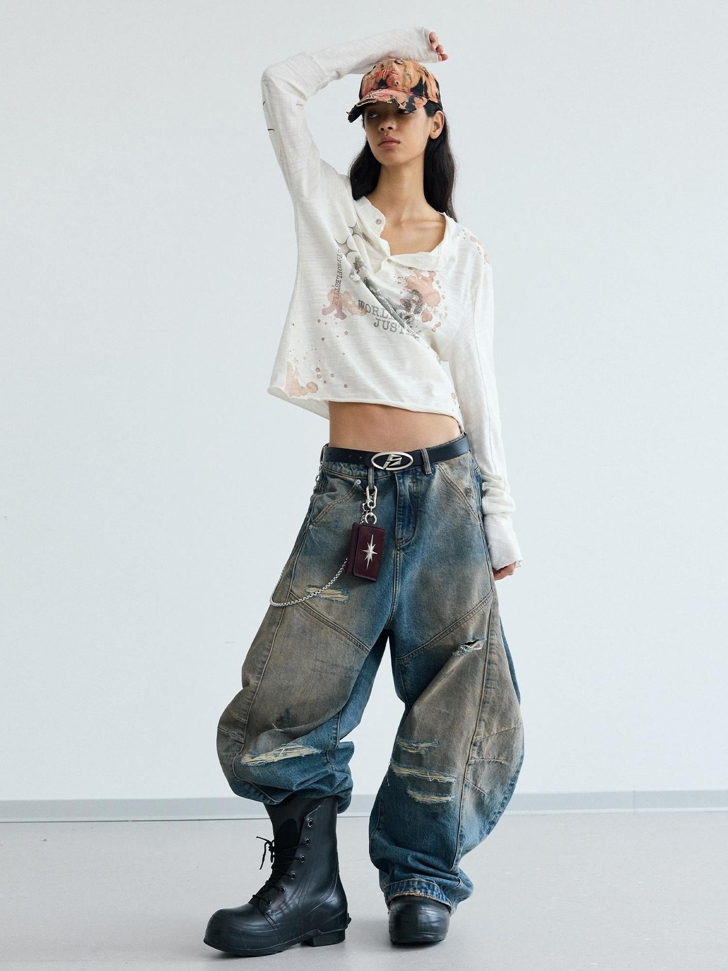 Peoplesense Distressed Yellow Mud Dyed Washed Ripped Unisex Baggy Scimitar Jeans