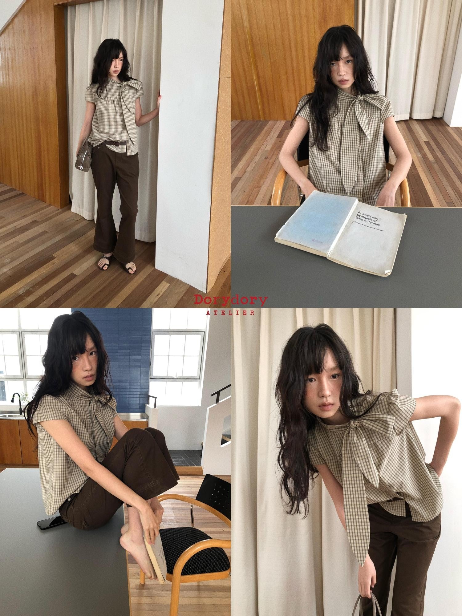 Dorydory Apricot Plaid Tie Front Stand Collar Puff Sleeve Women&