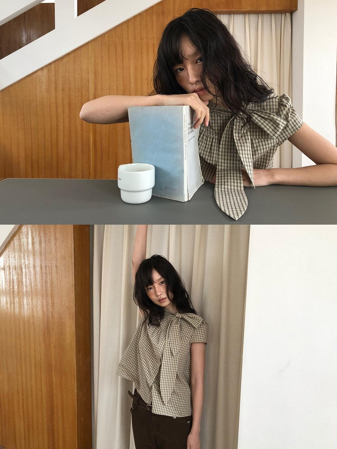 Dorydory Apricot Plaid Tie Front Stand Collar Puff Sleeve Women&
