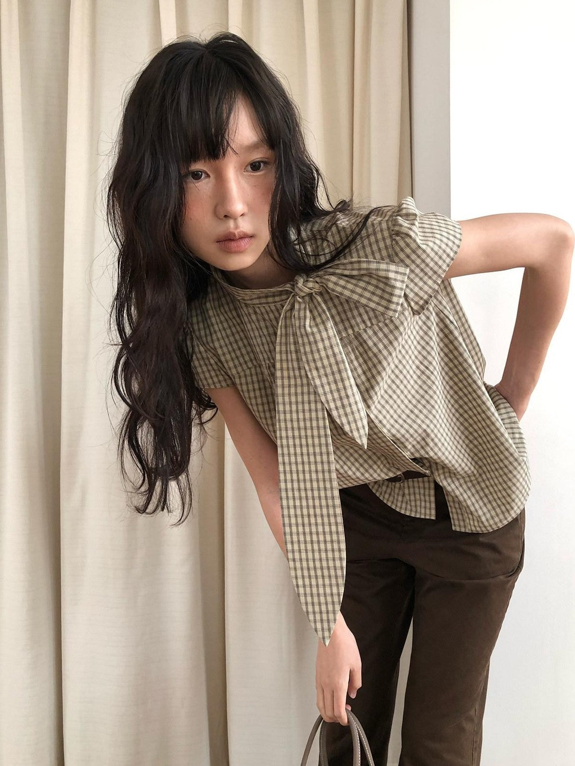 Dorydory Apricot Plaid Tie Front Stand Collar Puff Sleeve Women&