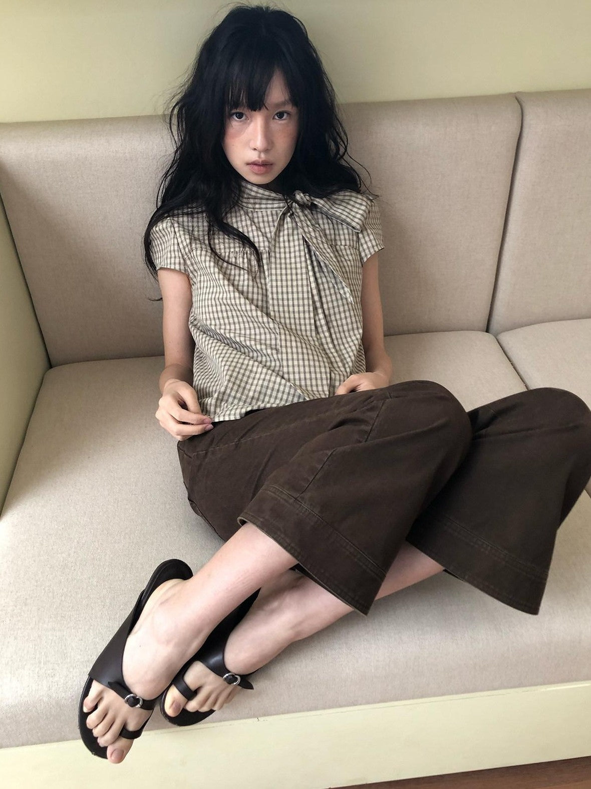 Dorydory Apricot Plaid Tie Front Stand Collar Puff Sleeve Women&