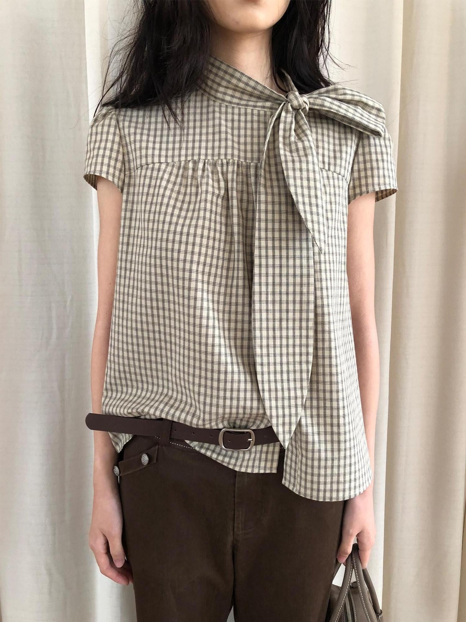 Dorydory Apricot Plaid Tie Front Stand Collar Puff Sleeve Women&
