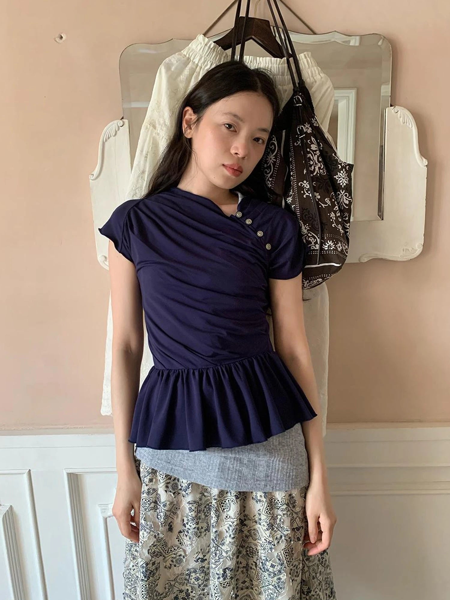 Asymmetrical Placket Tuck Detail Tee With Flounced Hem