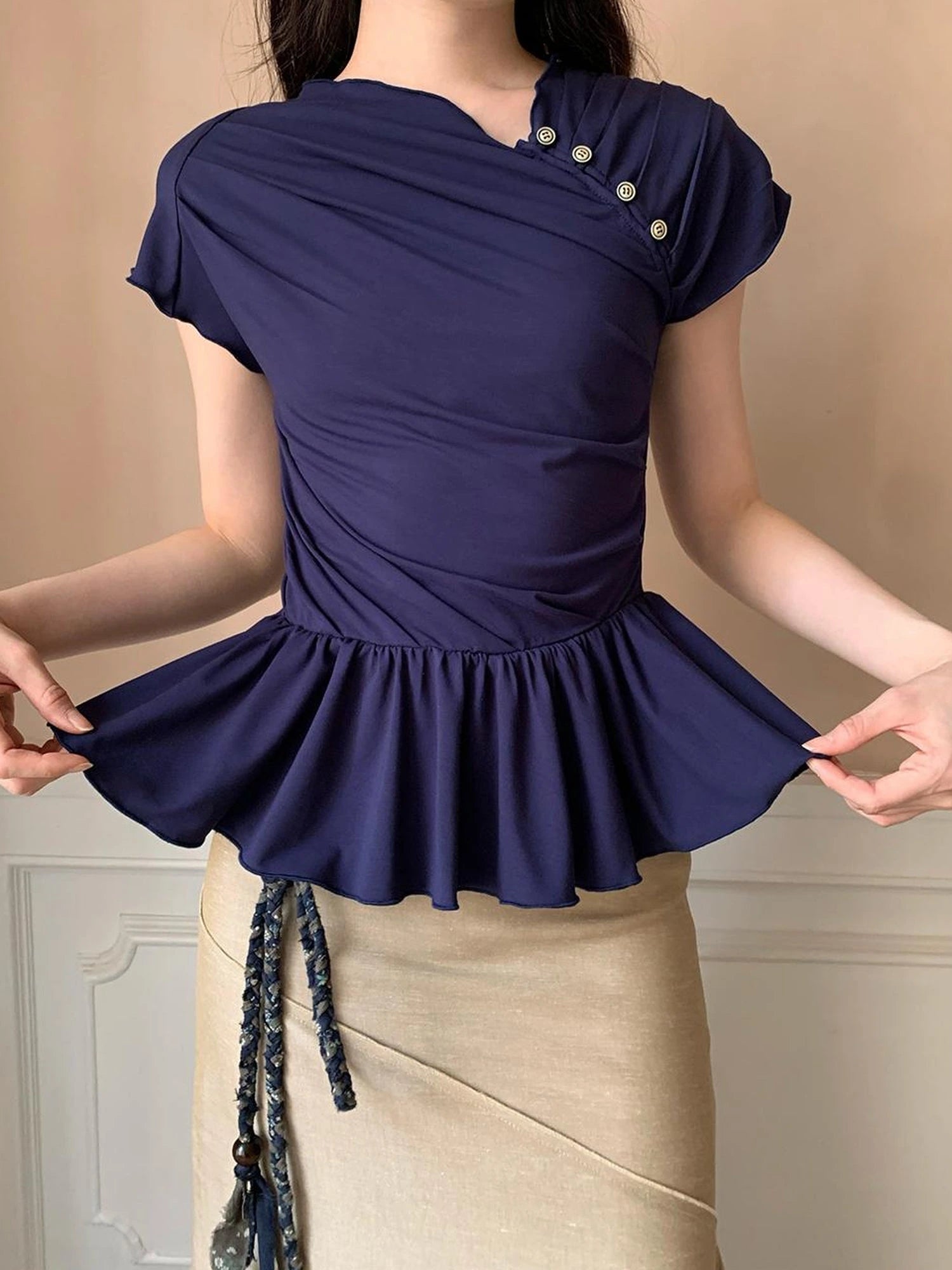 Asymmetrical Placket Tuck Detail Tee With Flounced Hem