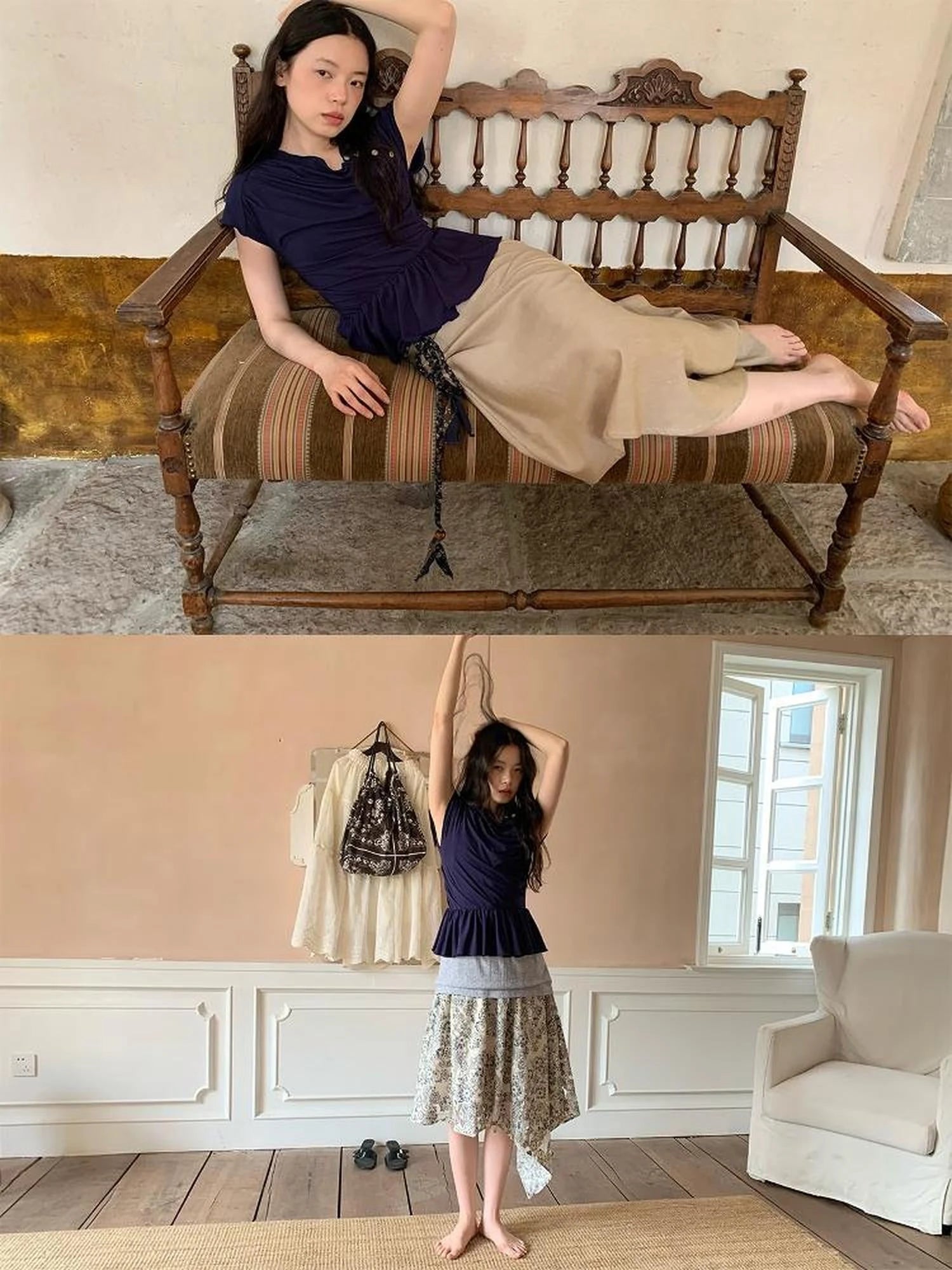 Asymmetrical Placket Tuck Detail Tee With Flounced Hem