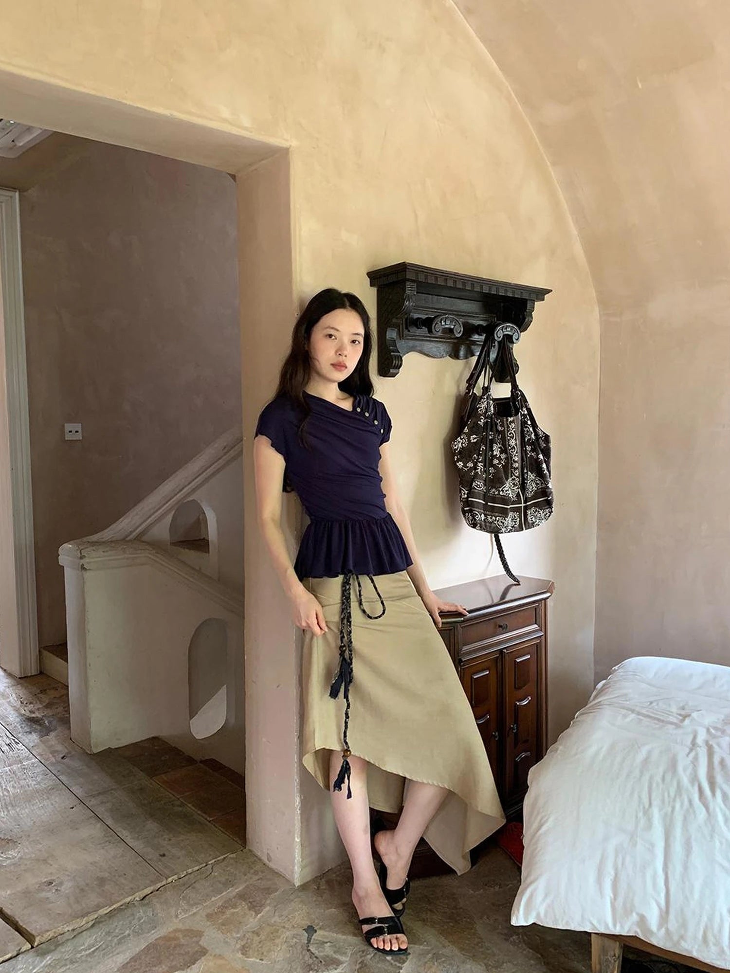 Asymmetrical Placket Tuck Detail Tee With Flounced Hem