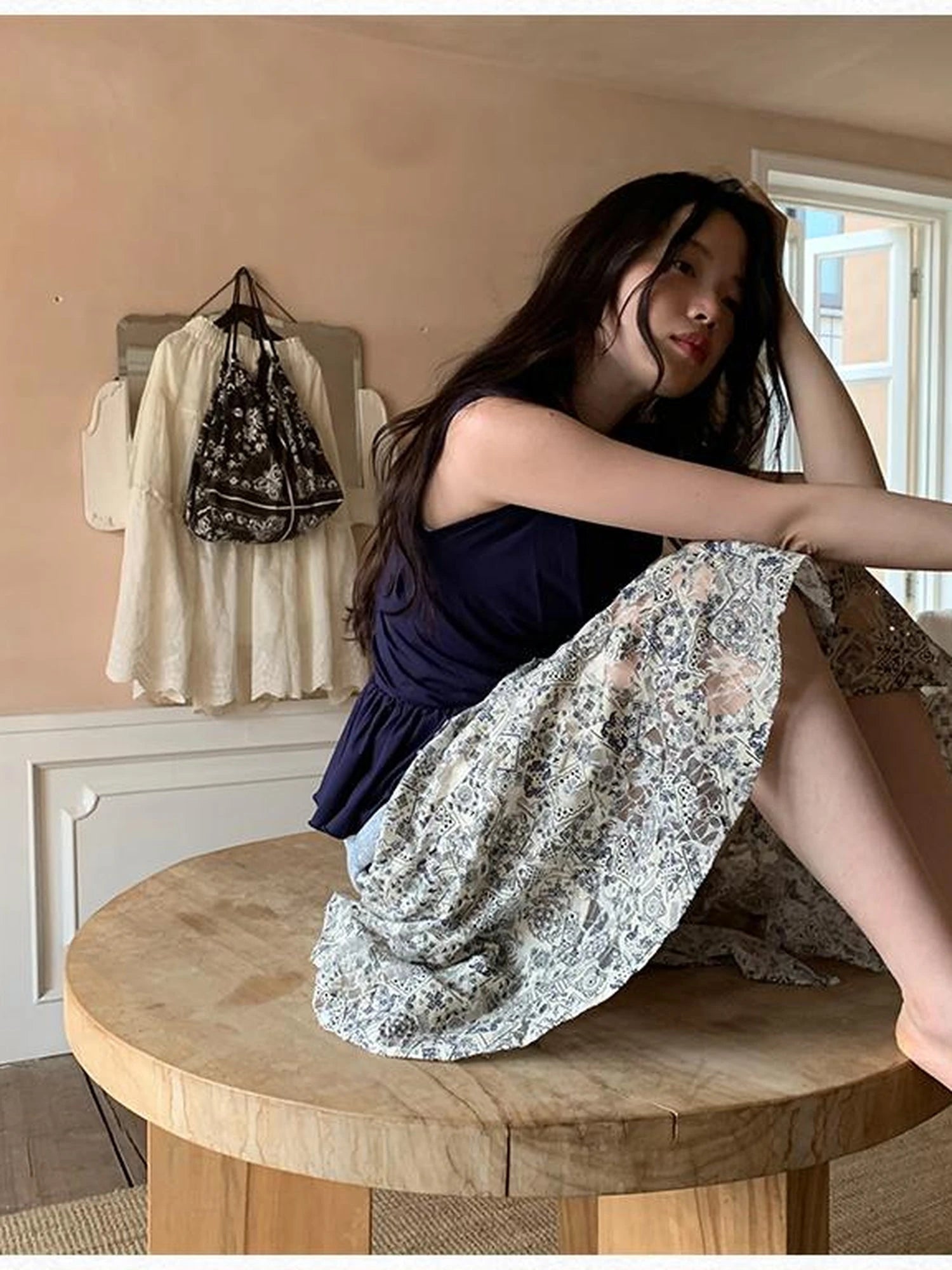 Asymmetrical Placket Tuck Detail Tee With Flounced Hem