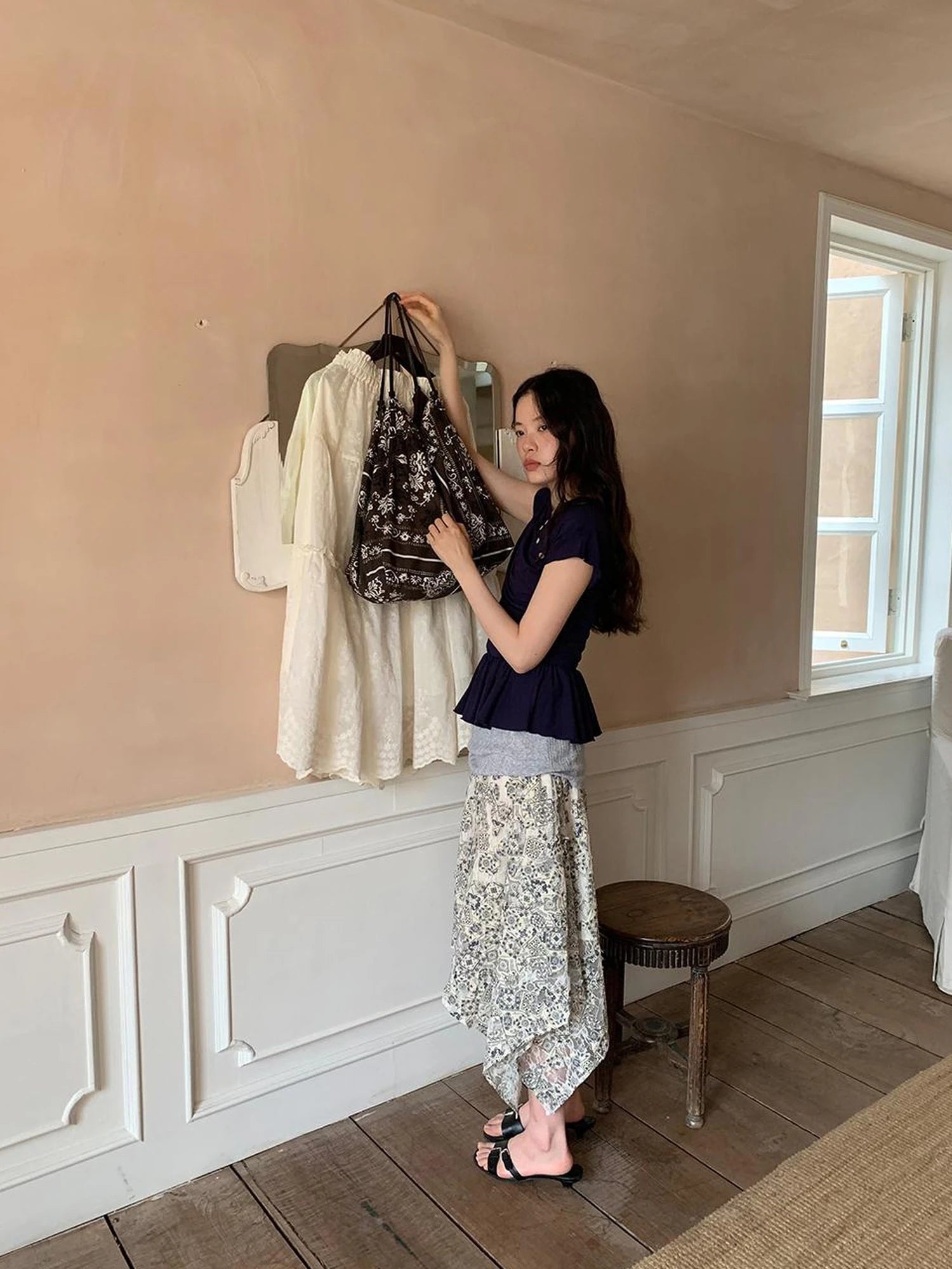 Asymmetrical Placket Tuck Detail Tee With Flounced Hem