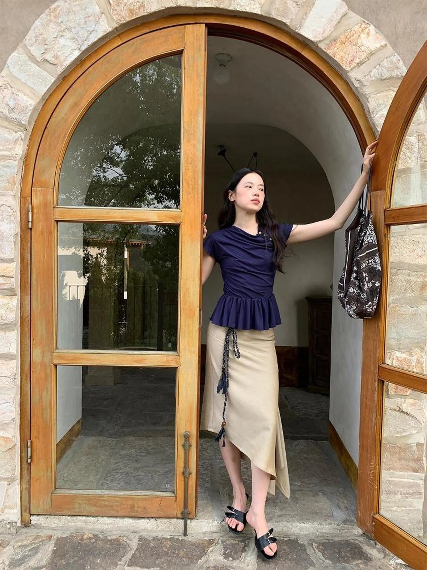 Asymmetrical Placket Tuck Detail Tee With Flounced Hem