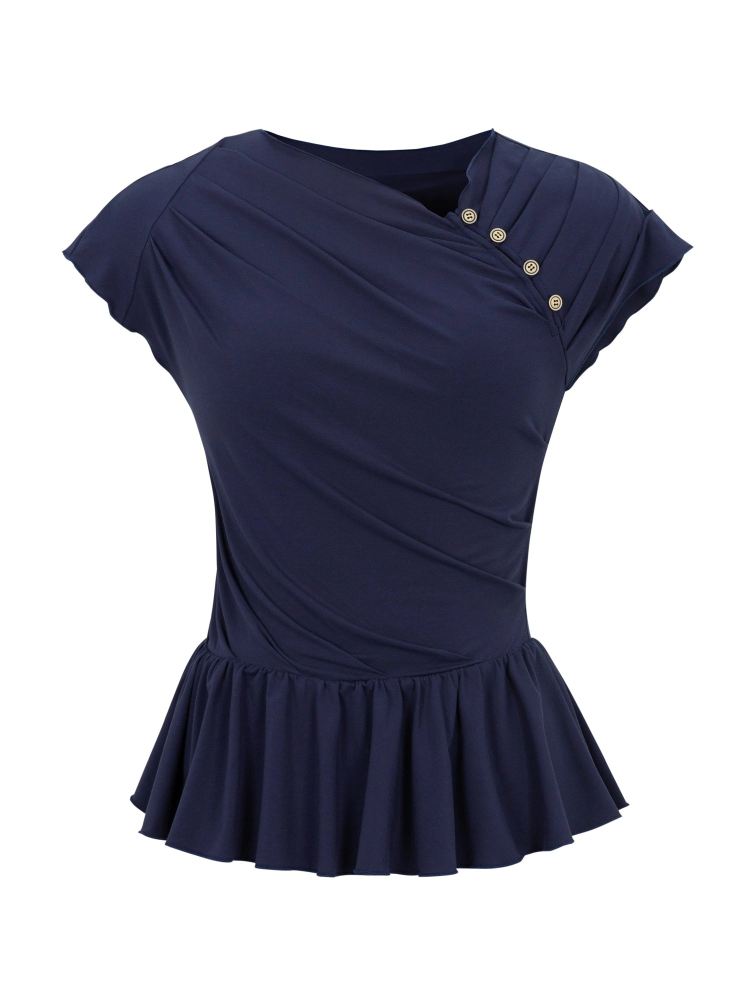 Asymmetrical Placket Tuck Detail Tee With Flounced Hem