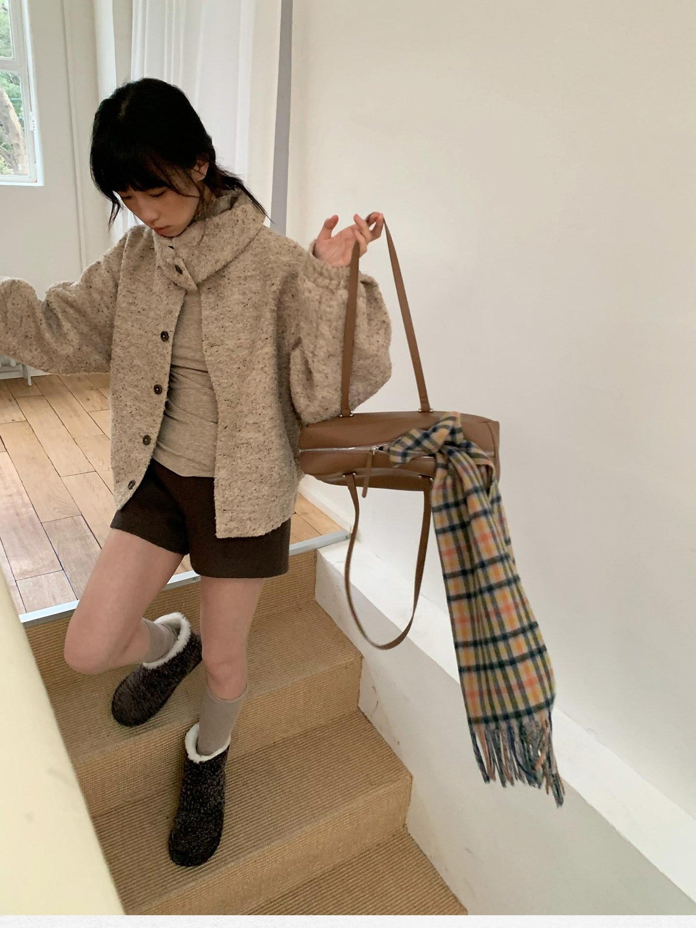 Dorydory Beige Boucle Vintage Loose Lapel Button Side Pockets Women&