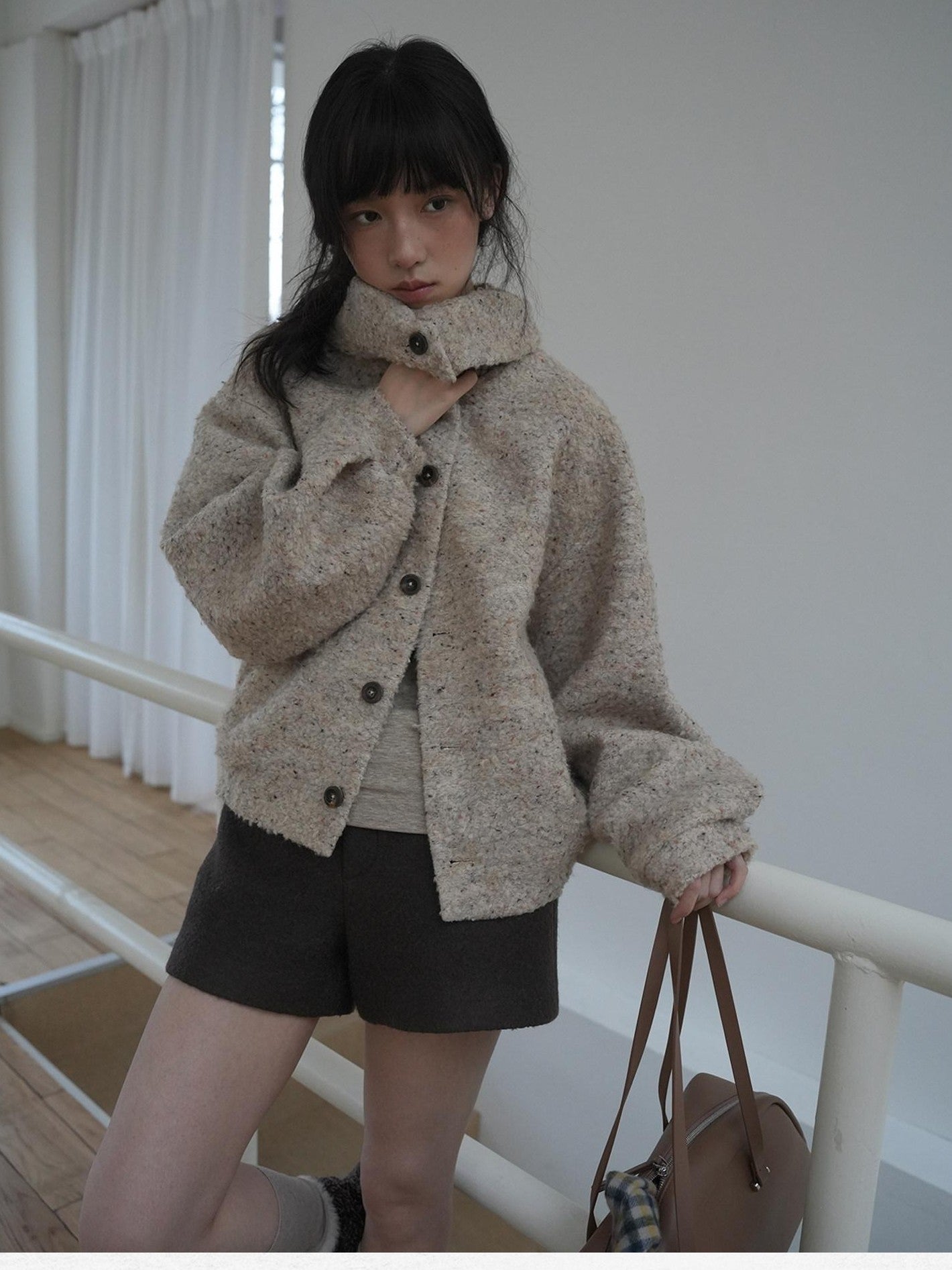 Dorydory Beige Boucle Vintage Loose Lapel Button Side Pockets Women&