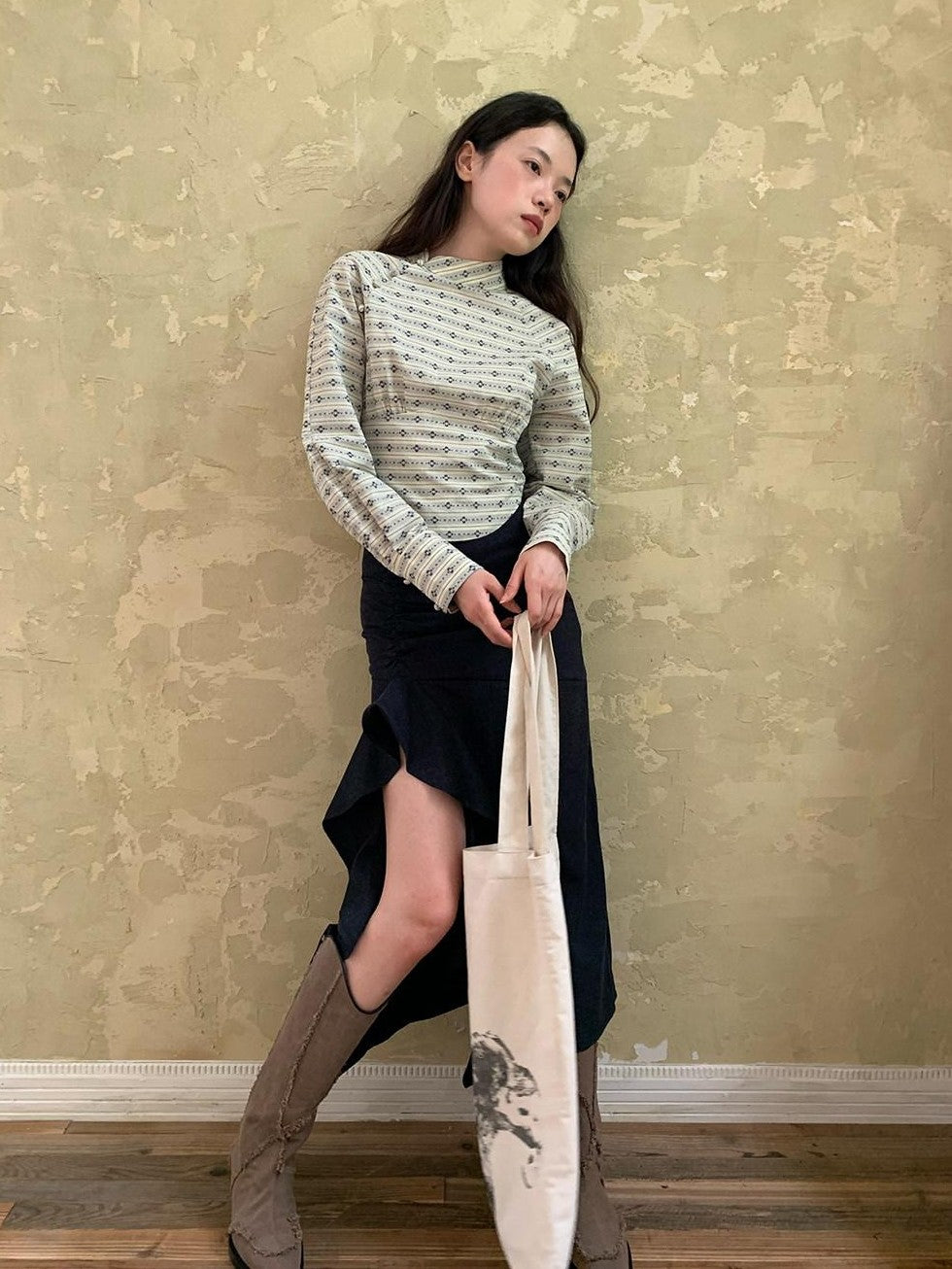 Dorydory Beige Jacquard Stripe Stand Collar Waist Cinched Cropped Women&