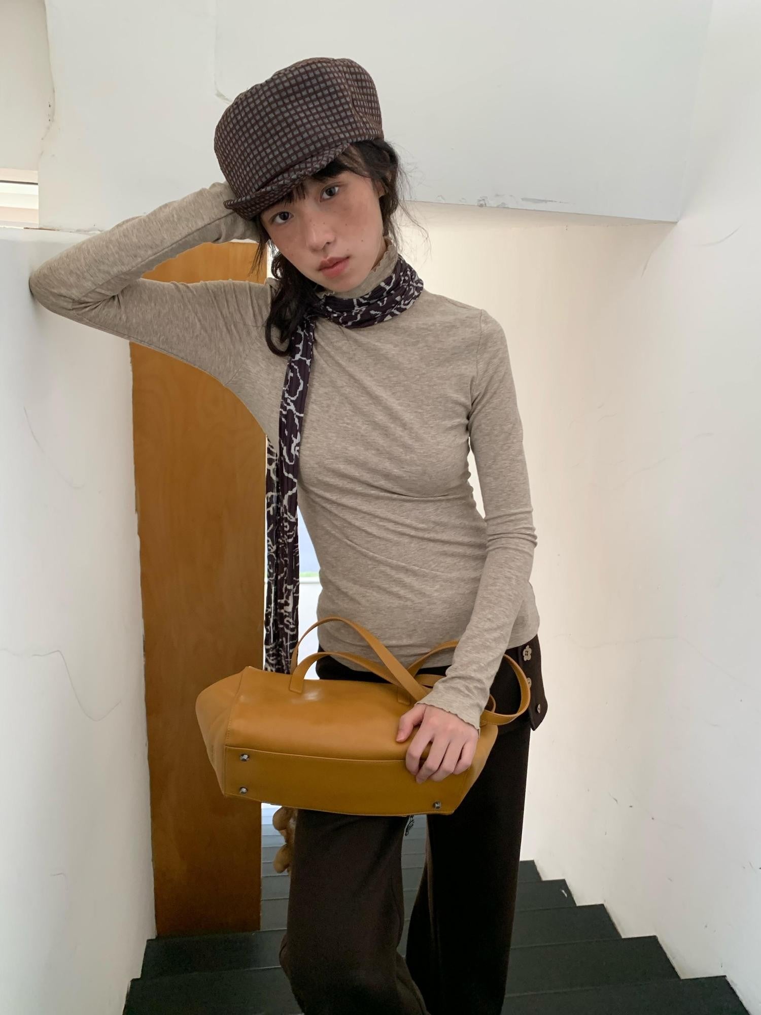 Dorydory Beige Ruffle Edge Mock Neck Slim Fit Women&