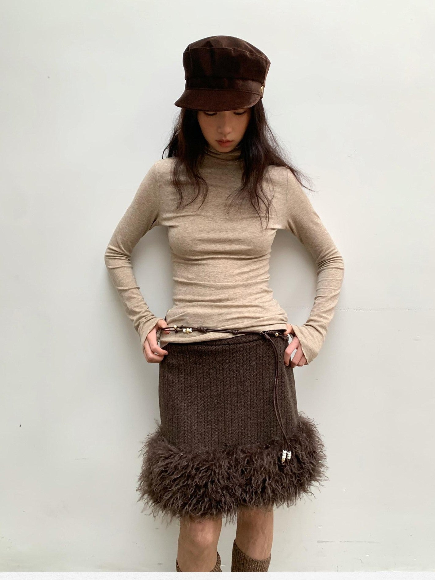 Dorydory Beige Ruffle Edge Mock Neck Slim Fit Women&