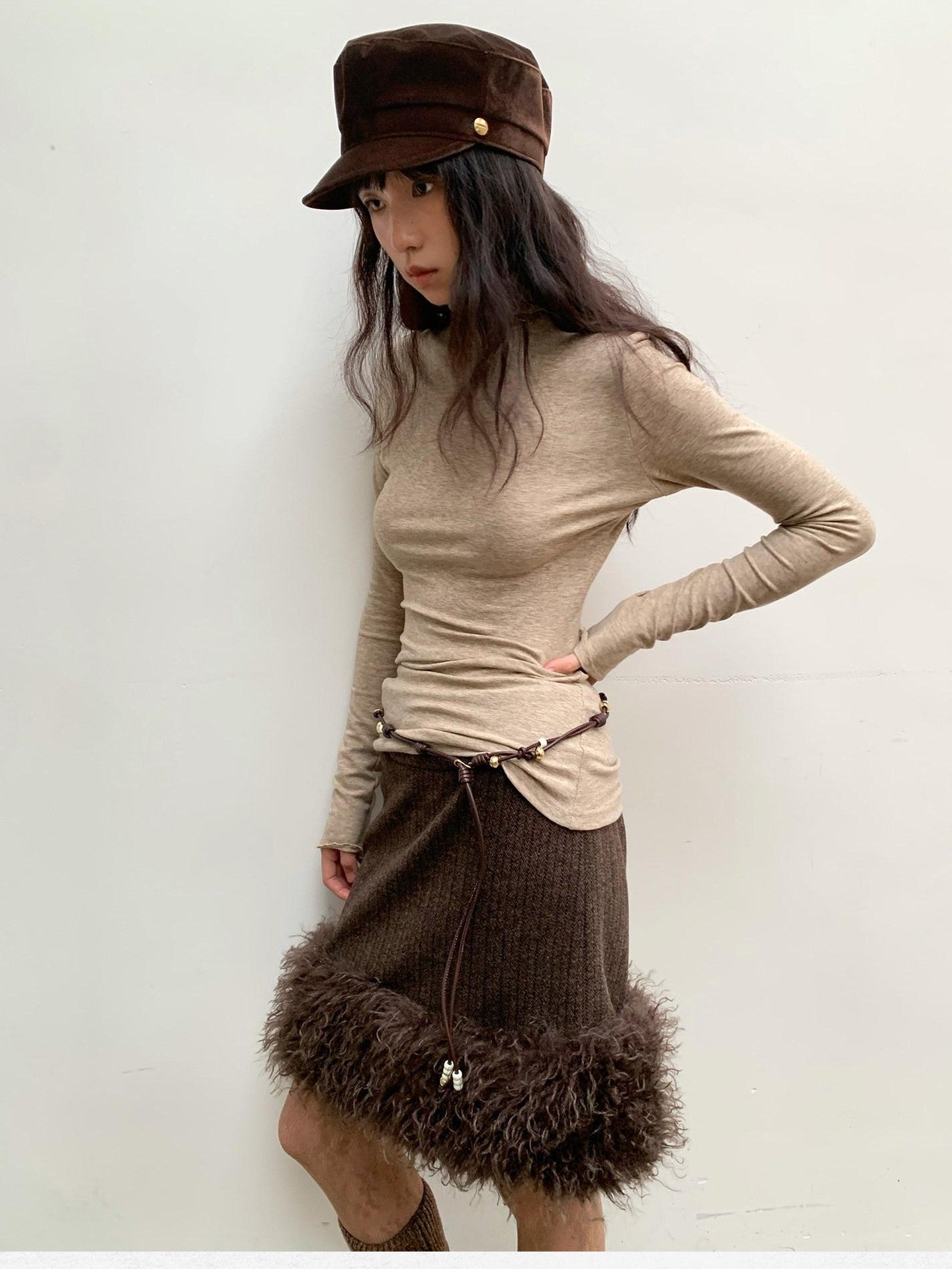 Dorydory Beige Ruffle Edge Mock Neck Slim Fit Women&