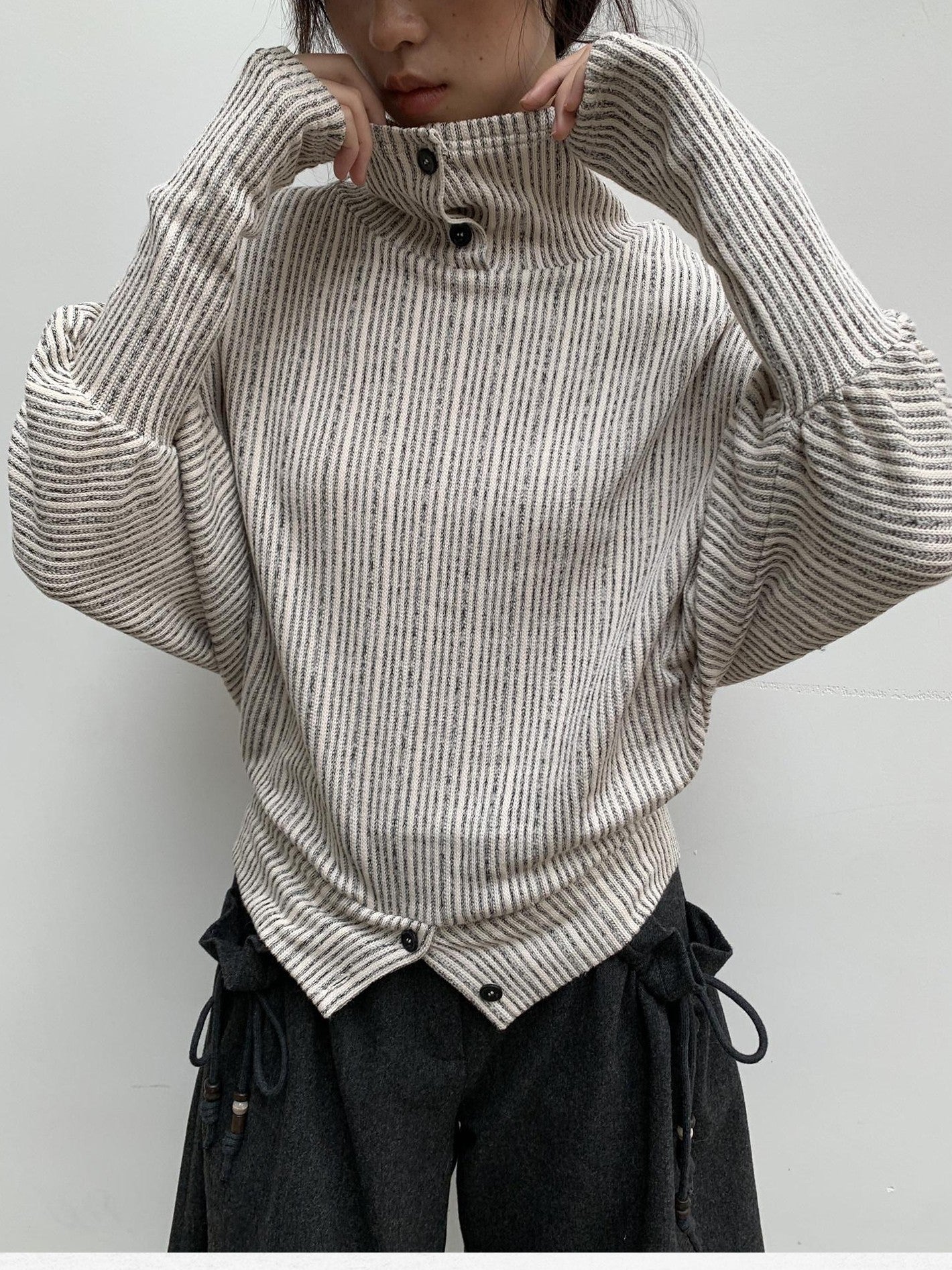 Dorydory Beige Striped Knit Batwing High Neck Women&