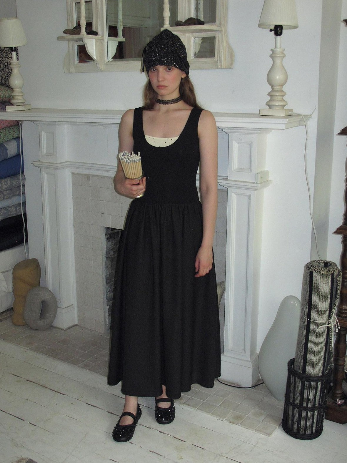 Dorydory Black Polka Dot Contrast Sleeveless Cinch Women&