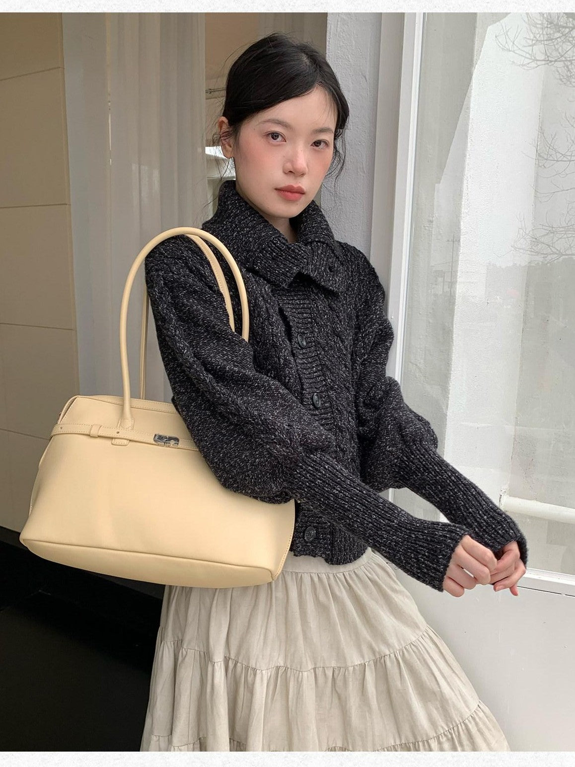 Dorydory Black Speckled Coarse Knit Cape High Neck Women&