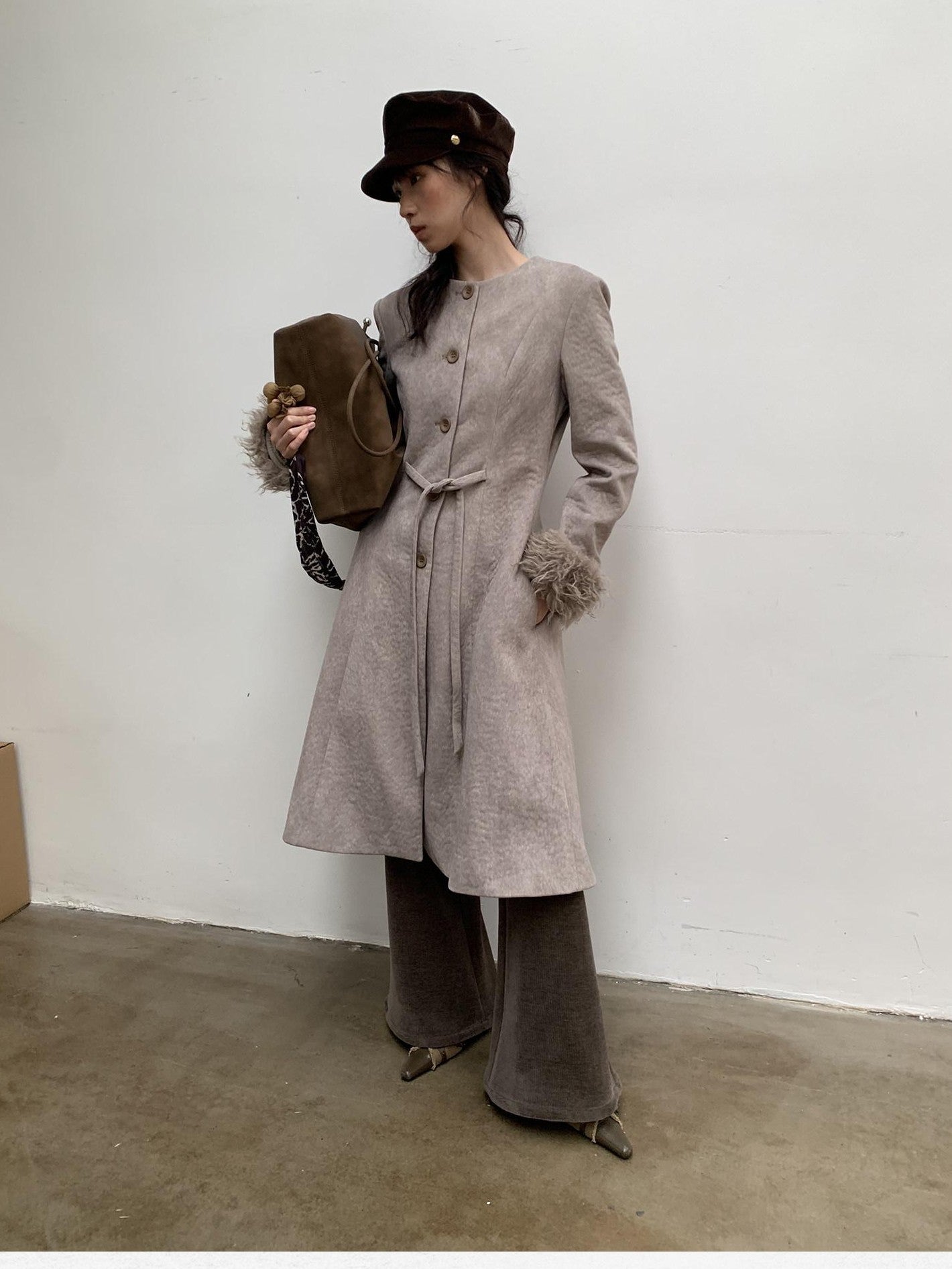 Dorydory Brown Detachable Fur Collar Vintage Mid Length Women&