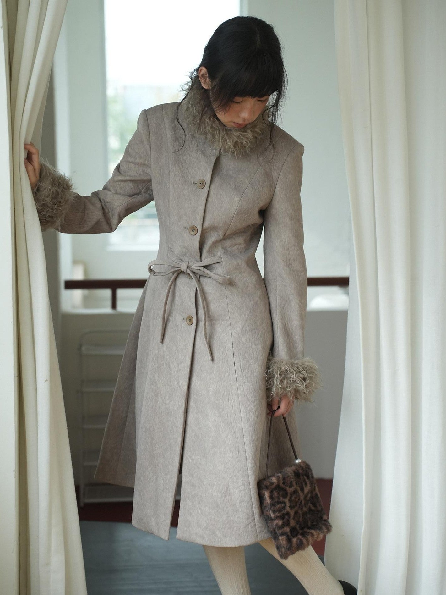 Dorydory Brown Detachable Fur Collar Vintage Mid Length Women&