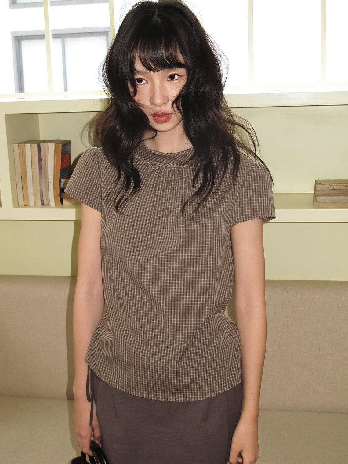 Dorydory Brown Green Plaid Bowl Collar Short Sleeve Vintage Women&