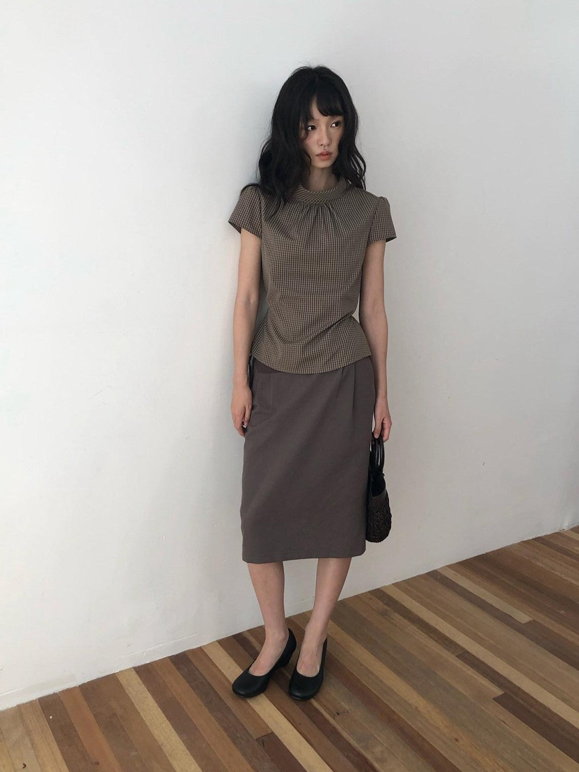 Dorydory Brown Green Plaid Bowl Collar Short Sleeve Vintage Women&