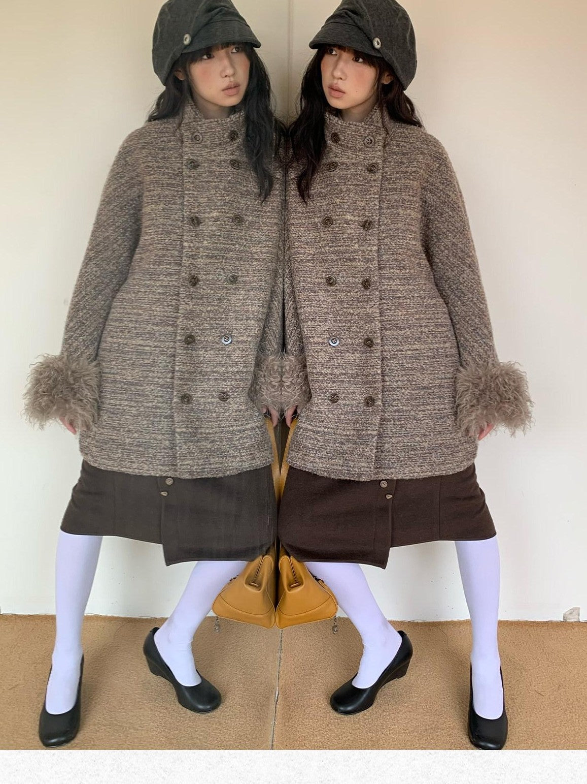 Dorydory Camel Loop Textured Double Breasted Stand Collar Women&