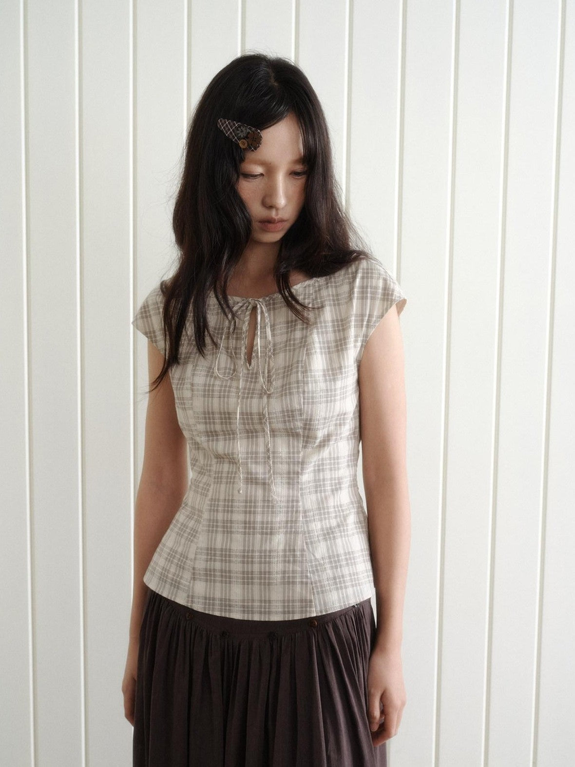 Dorydory Checked Tie Neck Bow Waist Cinch Raglan Women&