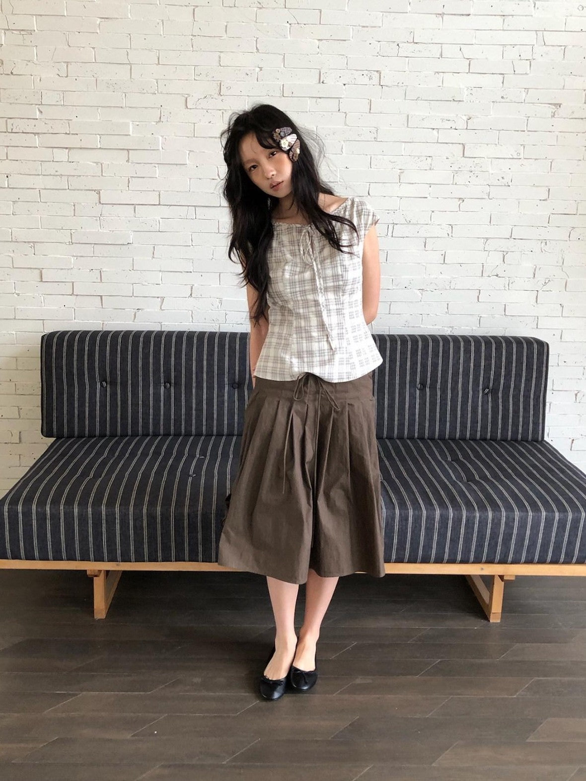 Dorydory Checked Tie Neck Bow Waist Cinch Raglan Women&