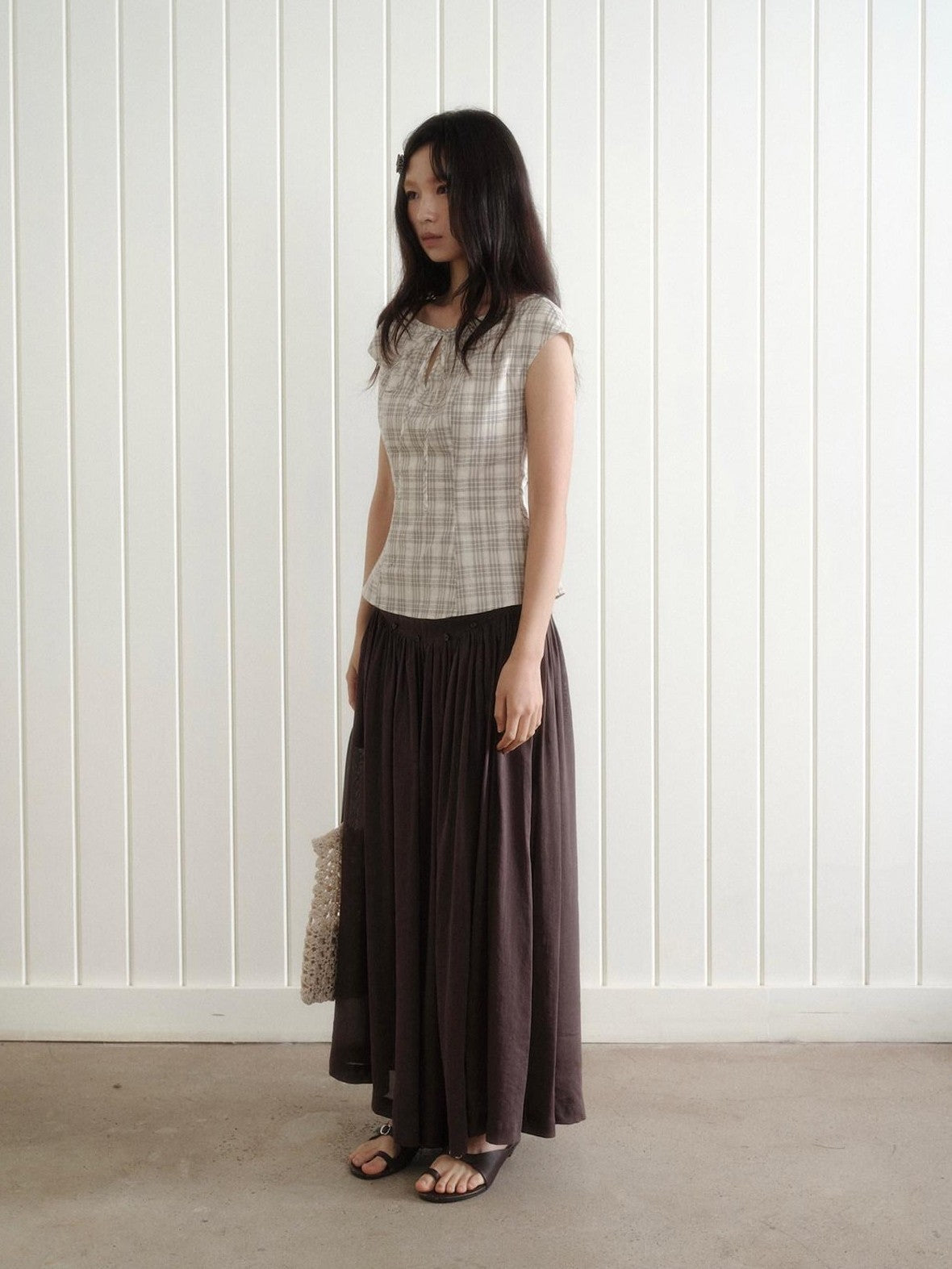 Dorydory Checked Tie Neck Bow Waist Cinch Raglan Women&