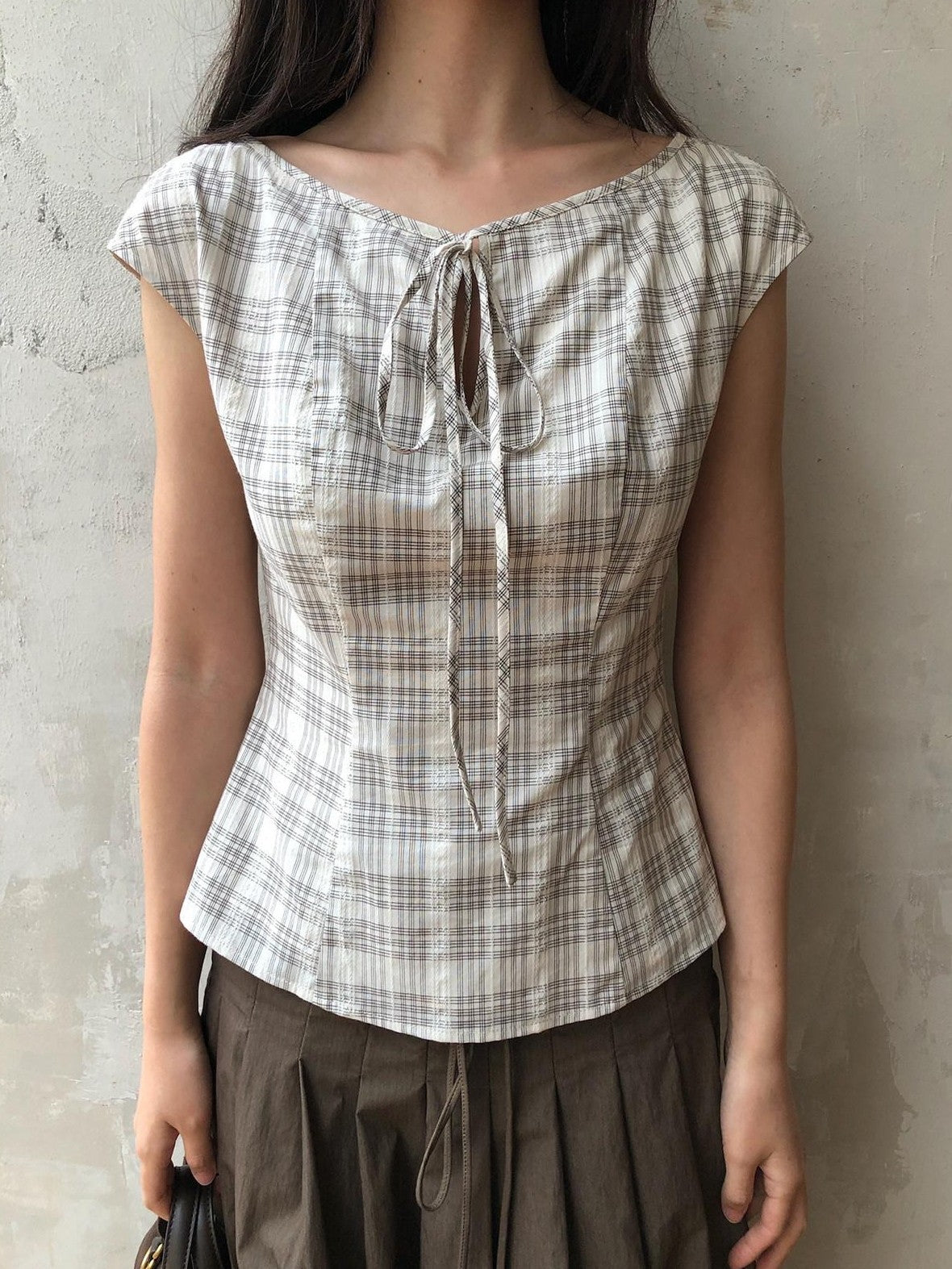 Dorydory Checked Tie Neck Bow Waist Cinch Raglan Women&