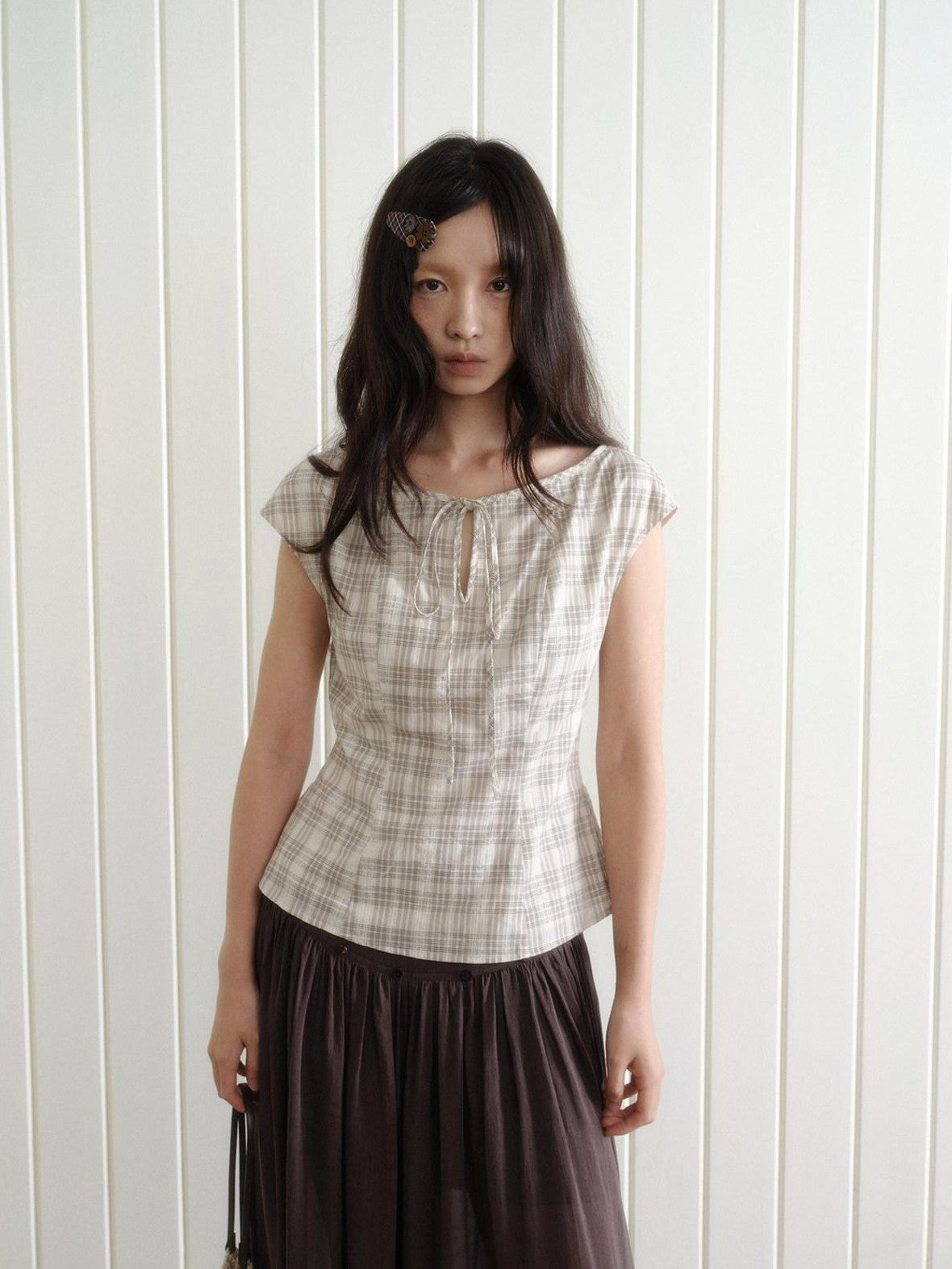 Dorydory Checked Tie Neck Bow Waist Cinch Raglan Women&