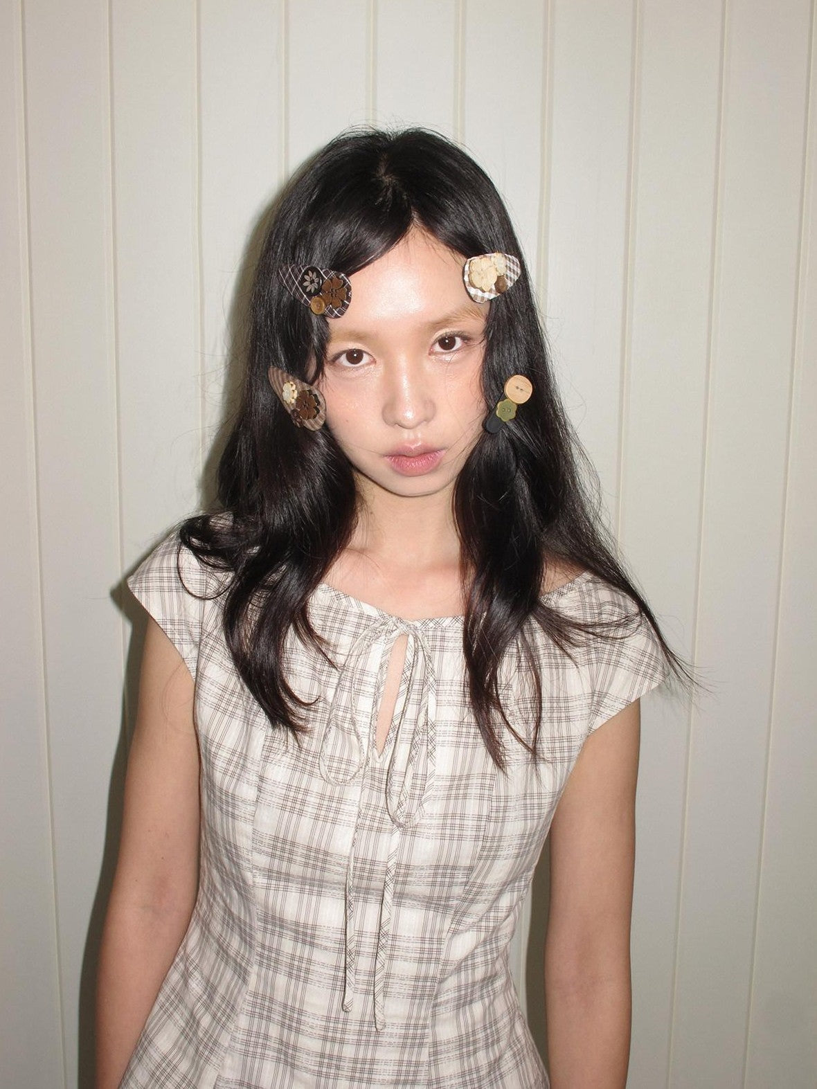 Dorydory Checkered Plaid Button Side Clip Vintage Women&