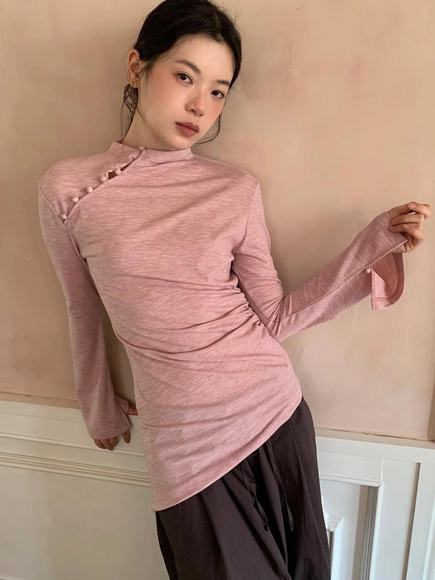 Chinese Knot Button Tunic Top With Flared Sleeves