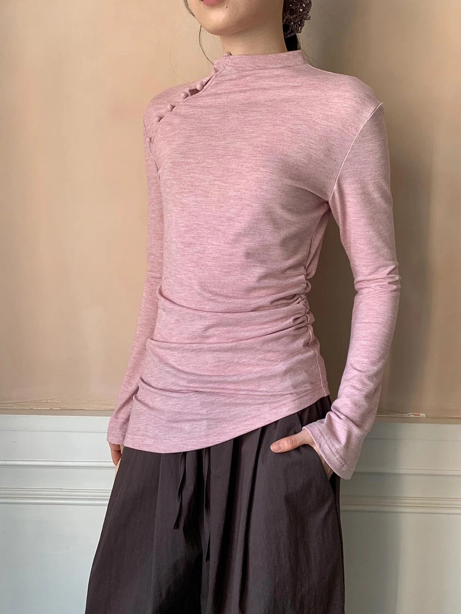 Chinese Knot Button Tunic Top With Flared Sleeves