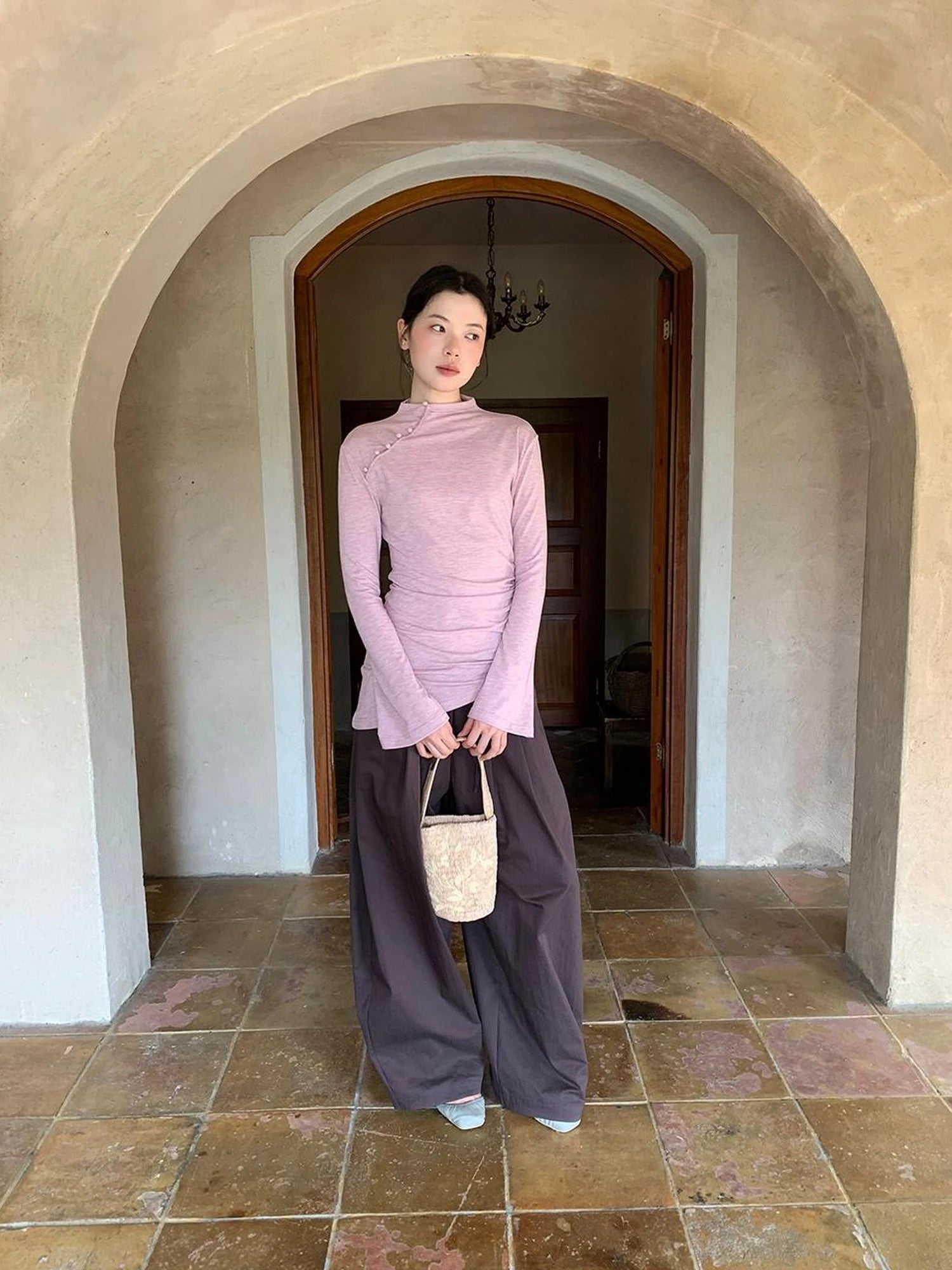 Chinese Knot Button Tunic Top With Flared Sleeves