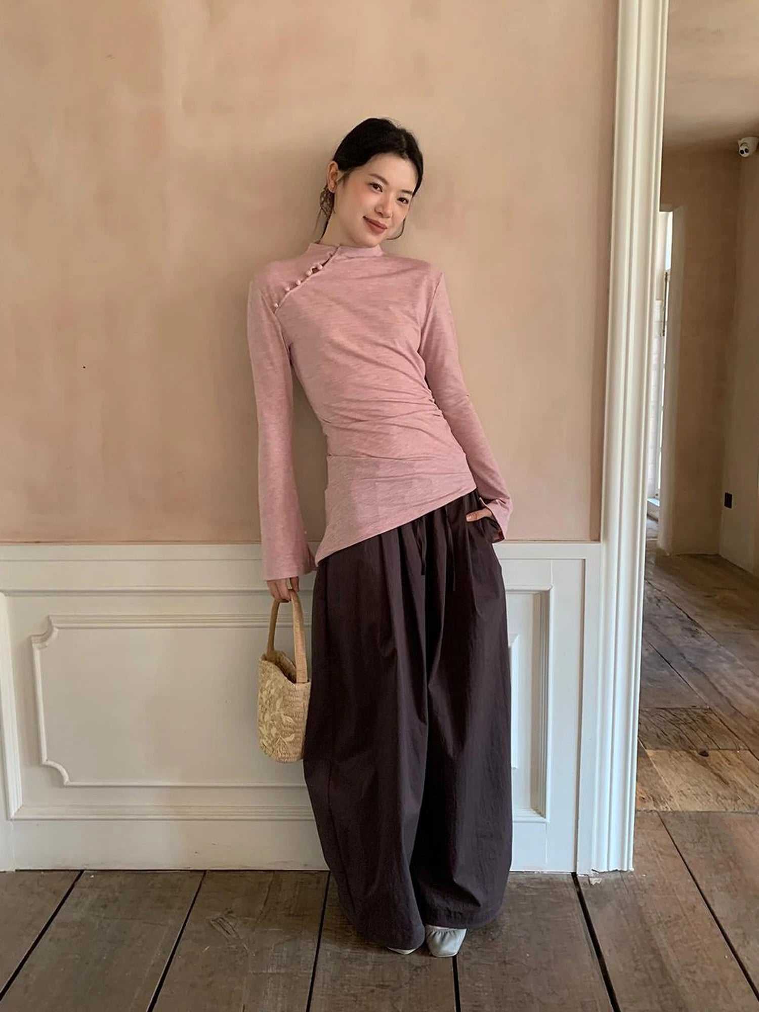 Chinese Knot Button Tunic Top With Flared Sleeves