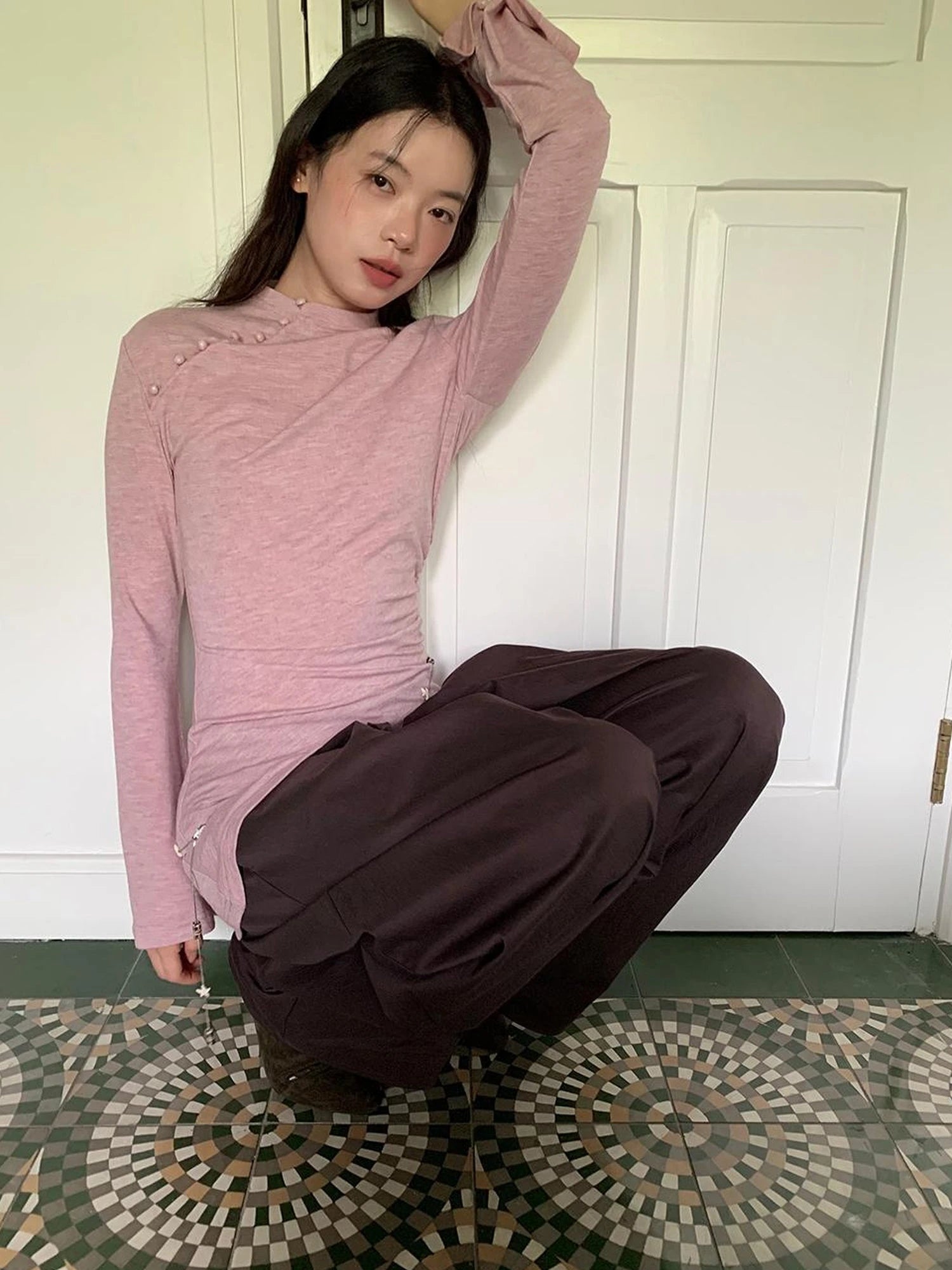 Chinese Knot Button Tunic Top With Flared Sleeves